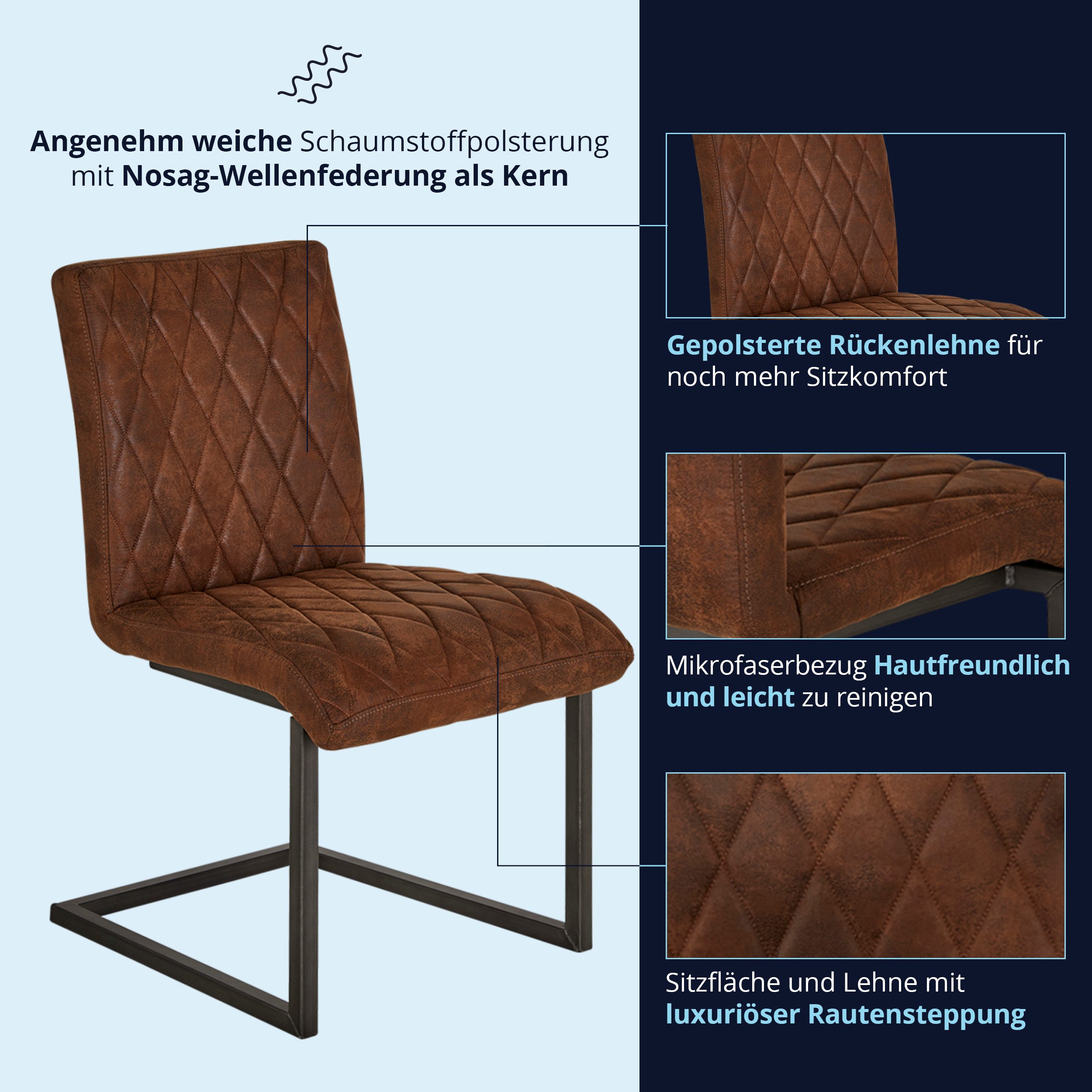 KHG Freischwinger Esszimmerstuhl Mikrofaser Braun, bis 110 kg belastbar, Vintage Stil, gepolstert, Nosag-Wellenfederung, Metallgestell Schwarz – Bild 4 von 5