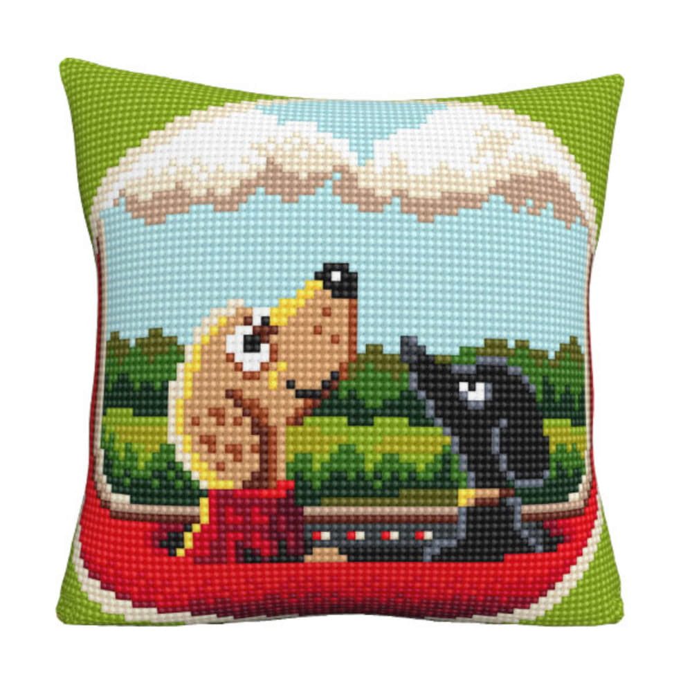 Collection D'art Kreativset CDA Kreuzstichkissen Stickpackung "Hund auf Reisen", bedruckt, 40x40cm, (embroidery kit by Marussia)