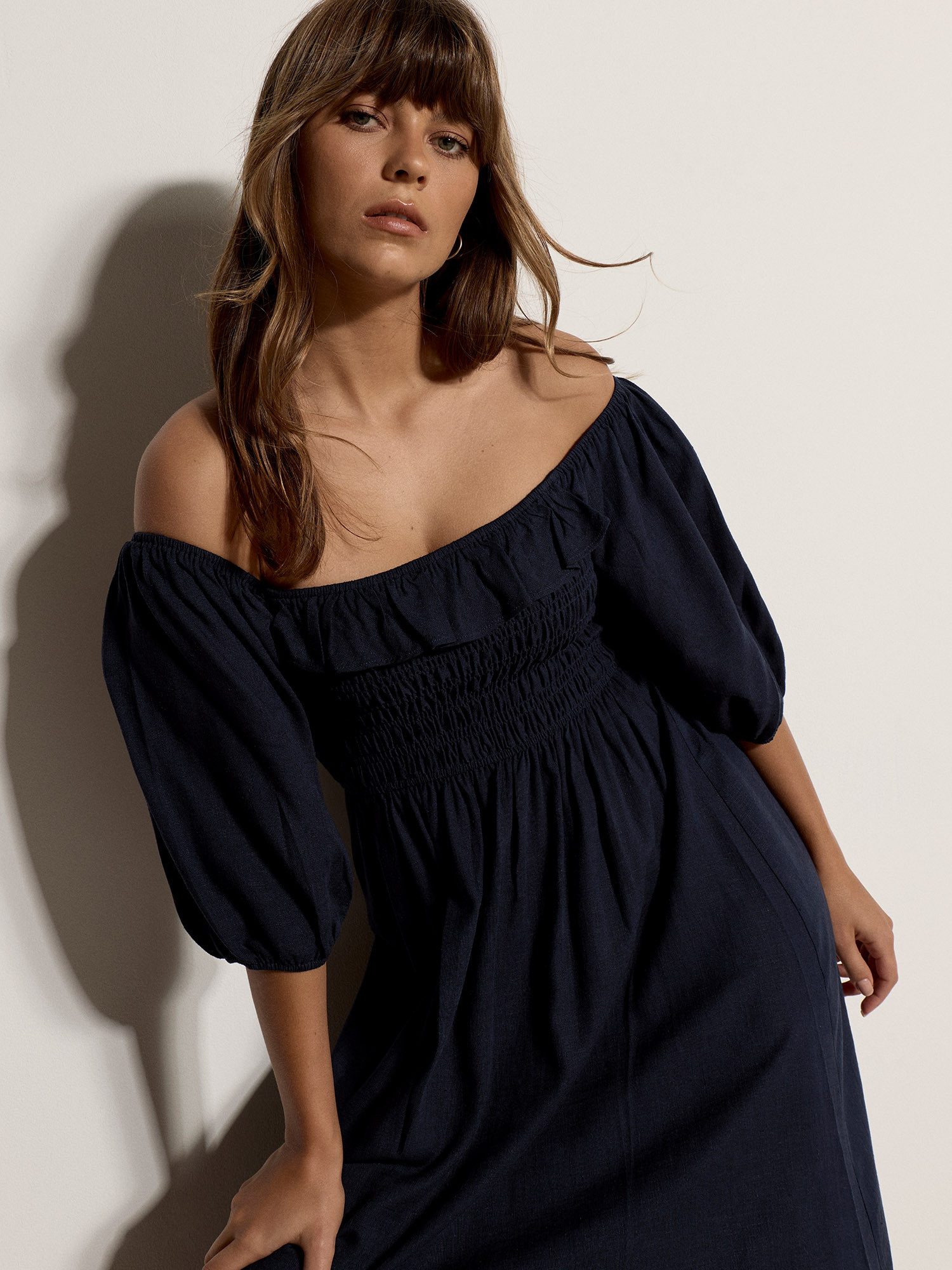 Apricot Maxikleid Langes Kleid mit Bardot-Ausschnitt mit Raffungen
