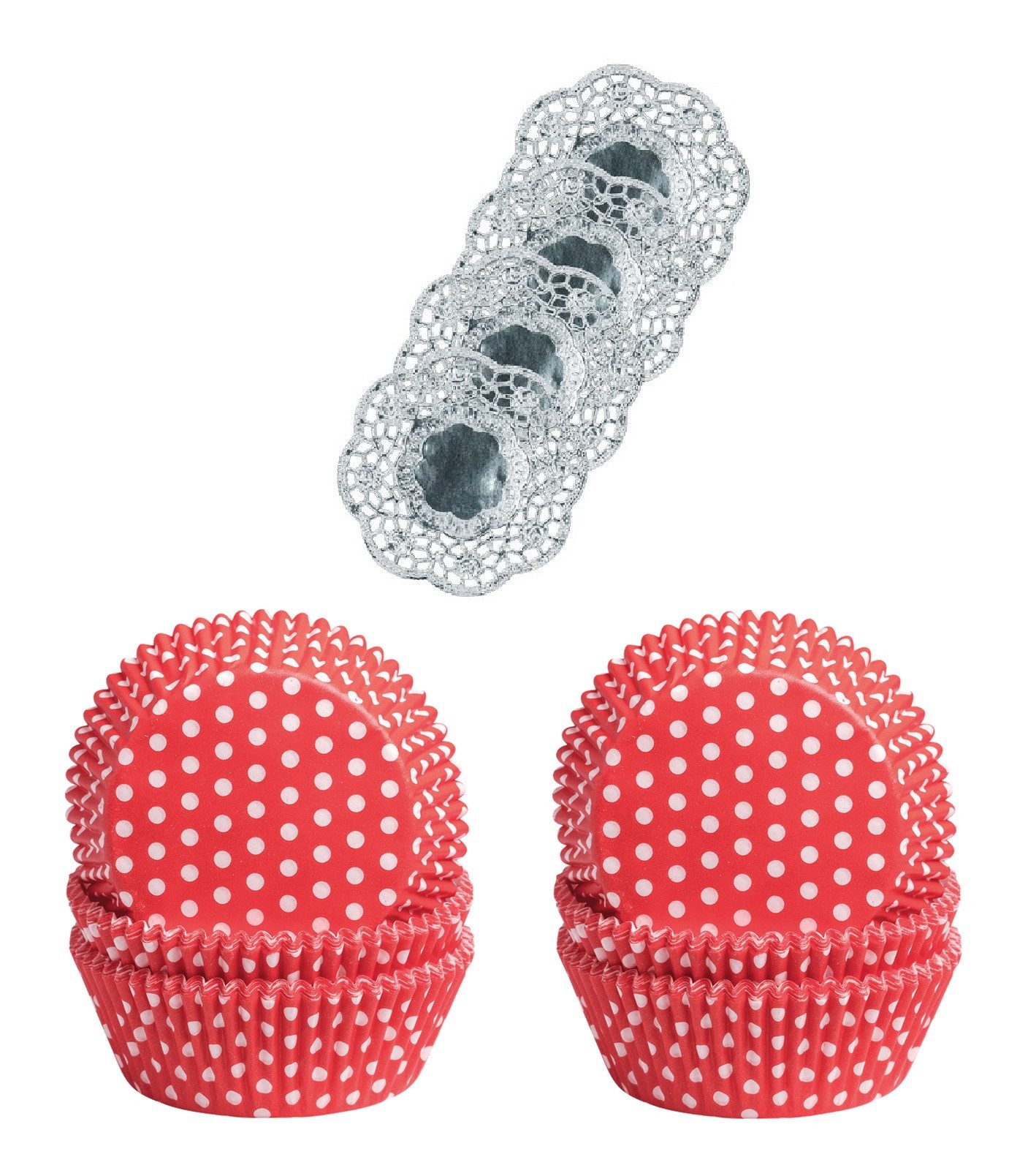 Demmler Muffinform 2er Set Punkte Weiß/Rot - Inklusive Tassendeckchen in Silber, zum Dekorieren und Backen von Muffins - Made in Germany