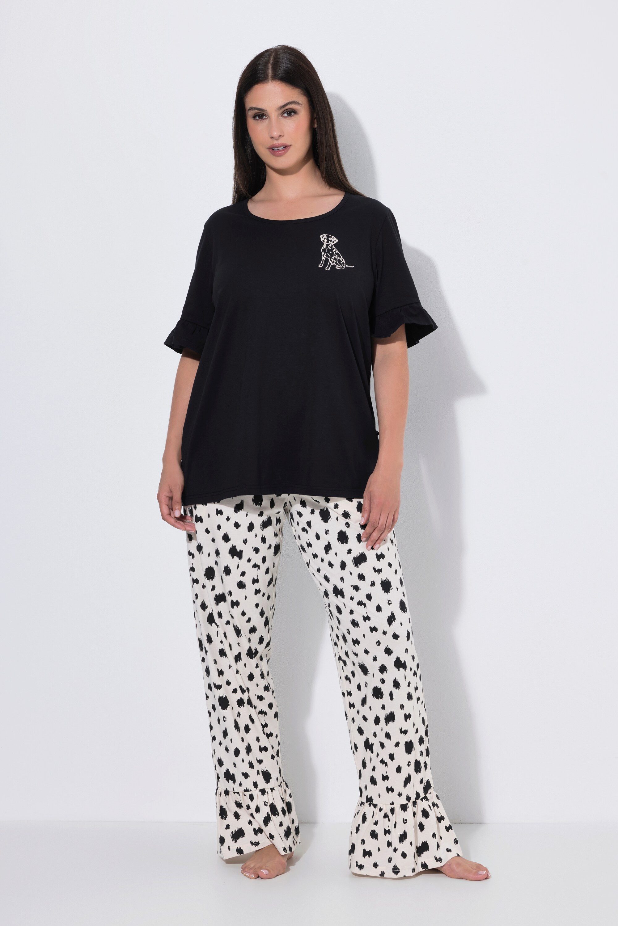 Ulla Popken Pyjama Pyjama Dalmatiner Rundhals Volant-Halbarm