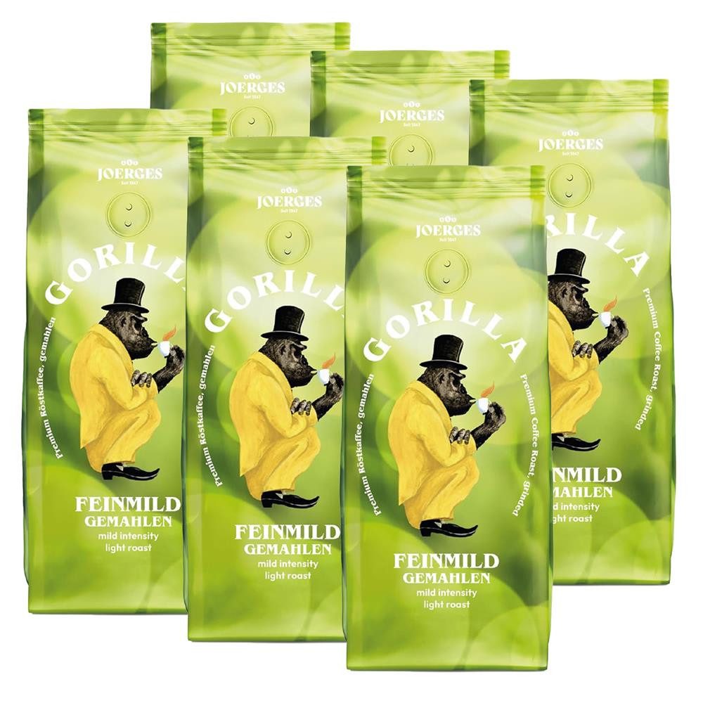 Gorilla Kaffee Kaffeepulver Feinmild gemahlen mild leicht geröstet, 6 x 500 g, 100% Arabica-Bohnen