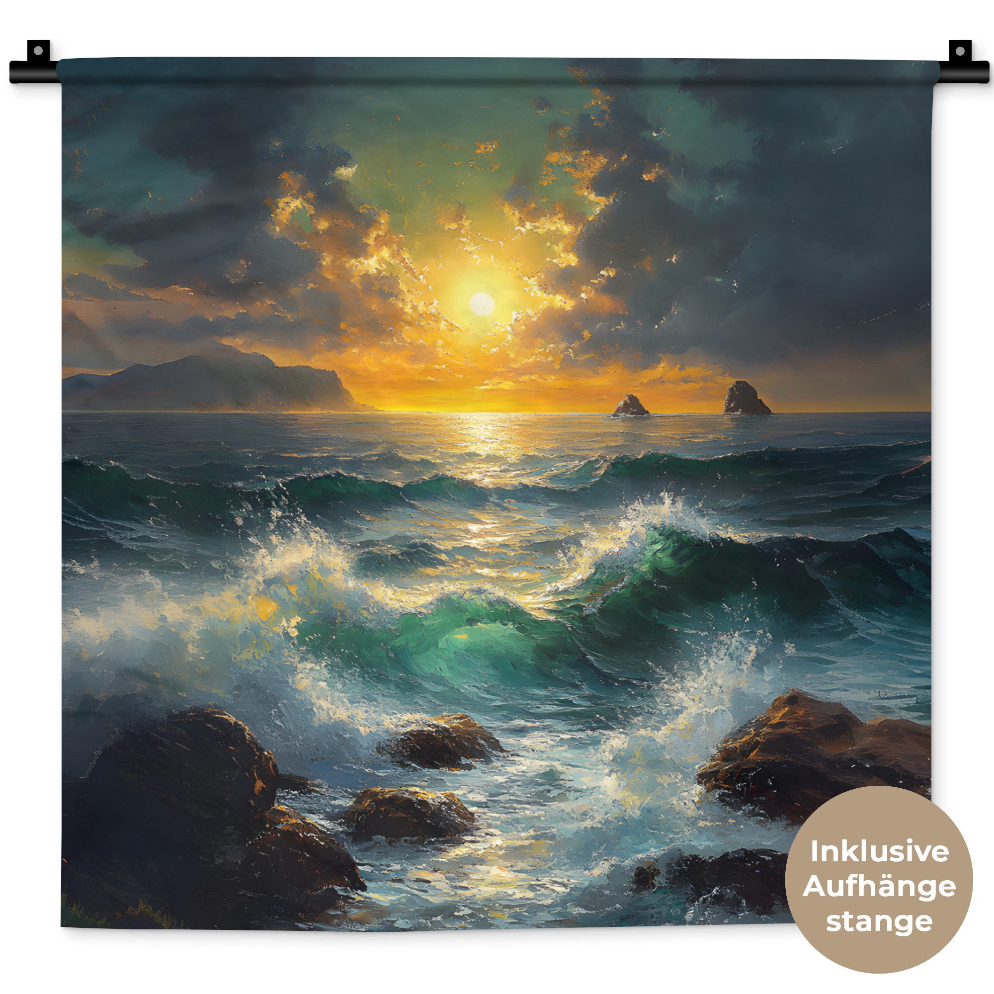 MuchoWow Wandteppich Meer - Sonne - Wellen - Felsen, Quadratisch, Höhe: 3 mm, Wand Teppich, Deko für an den Wand, 60x60 cm