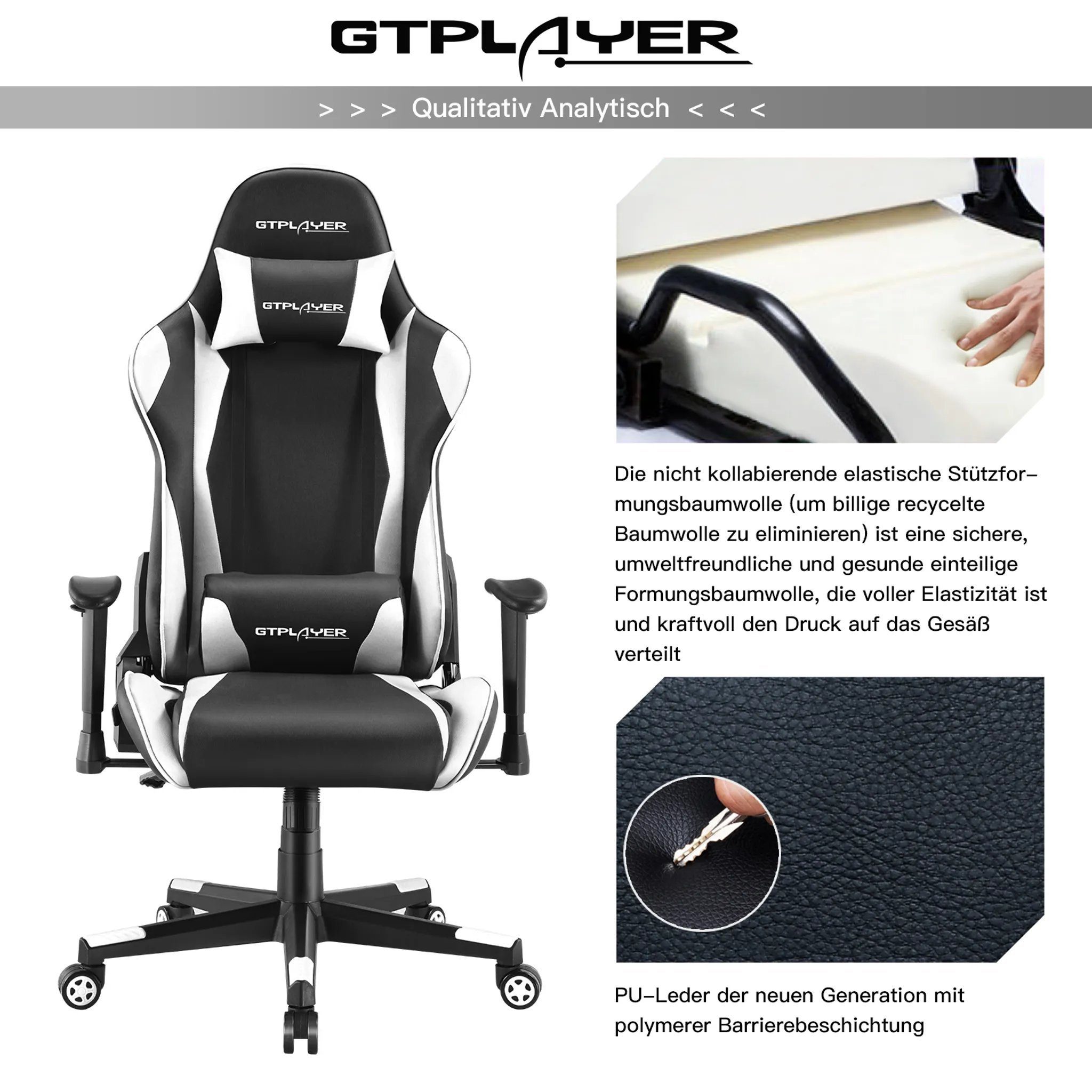Gaming Stuhl, bis Sessel weiß 150 90°-165° Gaming Gaming-Stuhl Gamer Neigungswinkel ergonomischer Stuhl kg belastbar, Bürostuhl GTPLAYER