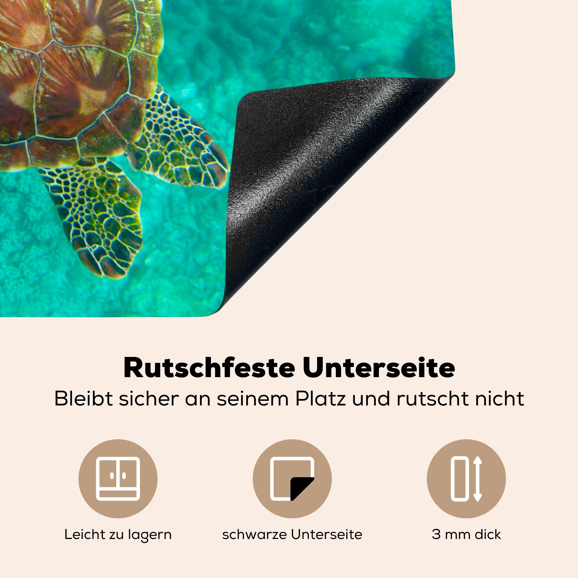 Ceranfeldabdeckung Induktionskochfeld Vinyl, MuchoWow tlg), küche, klaren (1 grüne für die Herdblende-/Abdeckplatte 81x52 Schildkröte im Schutz cm, Wasser, blauen Eine