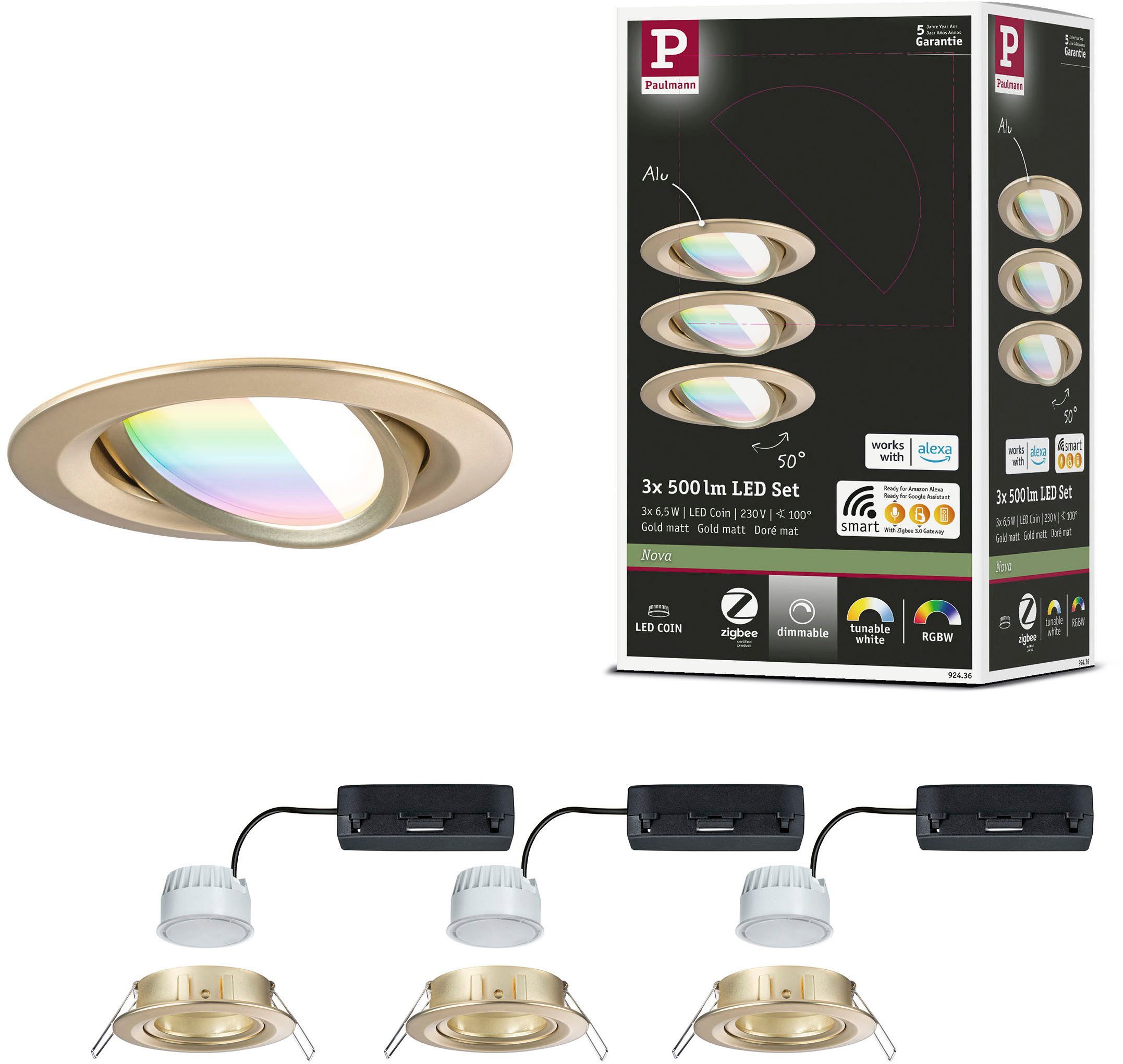 Paulmann LED Einbauleuchte LED Einbauleuchte Nova Coin rund 84mm 50°, LED fest integriert, Tageslichtweiß, Memoryfunktion, Farbwechsler, Farbsteuerung, Dimmer, Smart Home