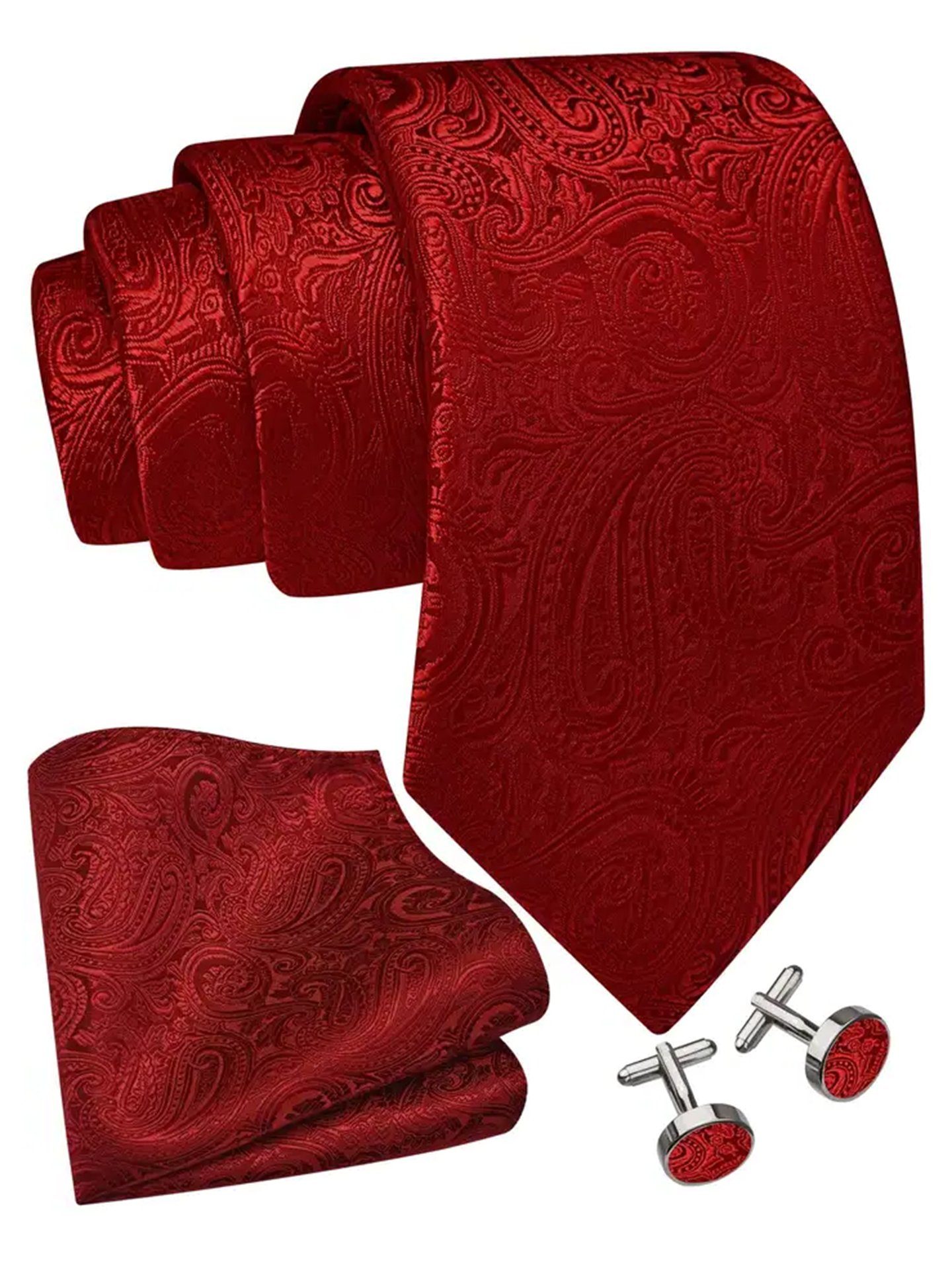 Moschen-Bayern Krawatte Seidenkrawatte Trachtenkrawatte Krawatte Herrenkrawatte Seide Rot Krawatten-Set - Krawatte + Einstecktuch + Manschettenknöpfe