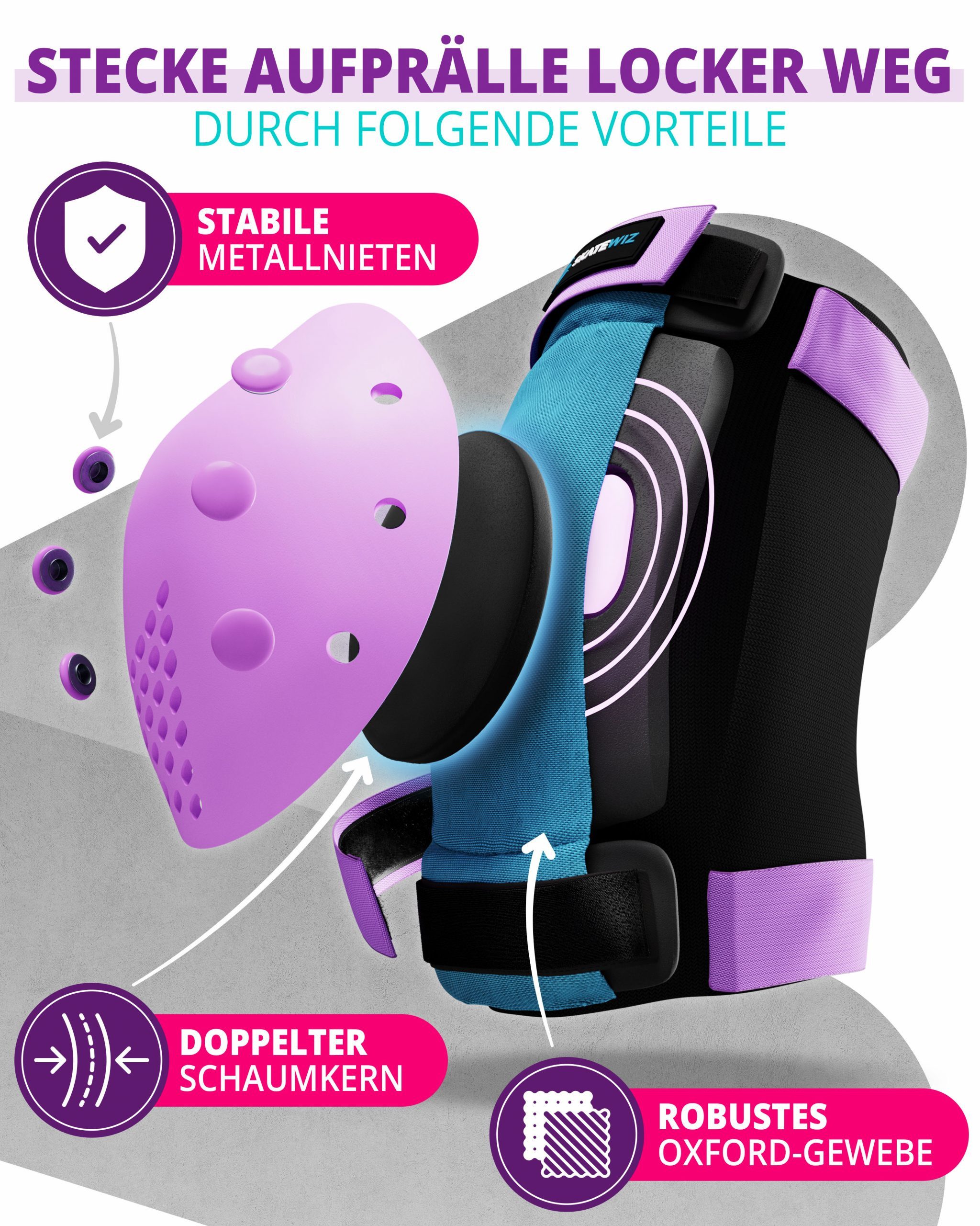 SKATEWIZ Protektoren-Set SMASH Knieschoner Kinder Inliner Schoner Erwachsene Protektoren Set (Schonerset Inliner skates Mädchen Schützer, 6-tlg., Inliner Schoner mit Knie-, Ellenbogen- und Handgelenkschützer), Schützer Inline Skates Kinder Schlittschuhe Schoner
