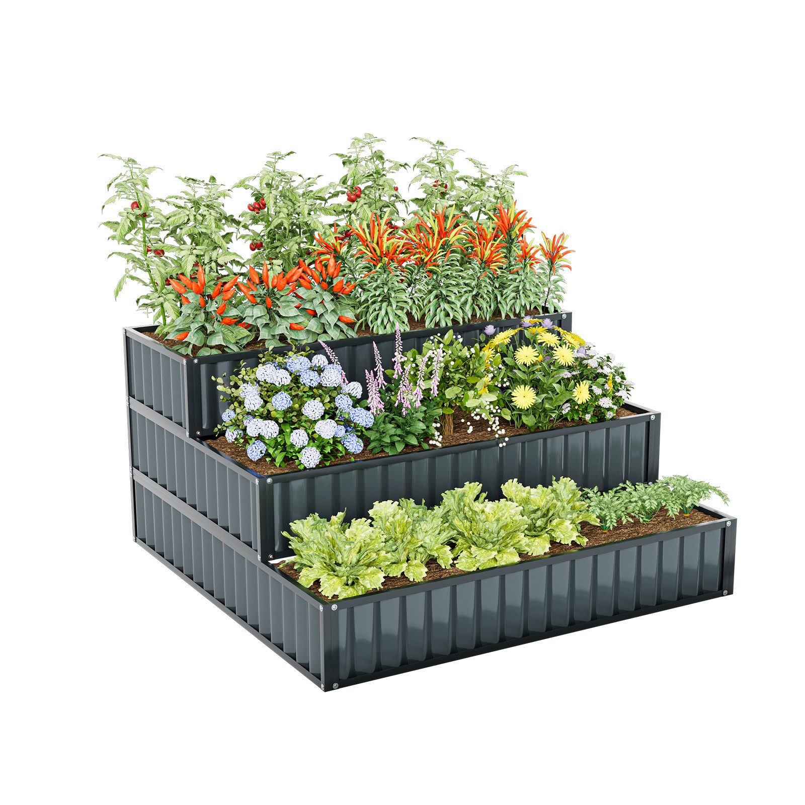 COSTWAY Hochbeet, 3-stufiges Gartenbeet, stapelbar, aus Metall, 118x118x61cm