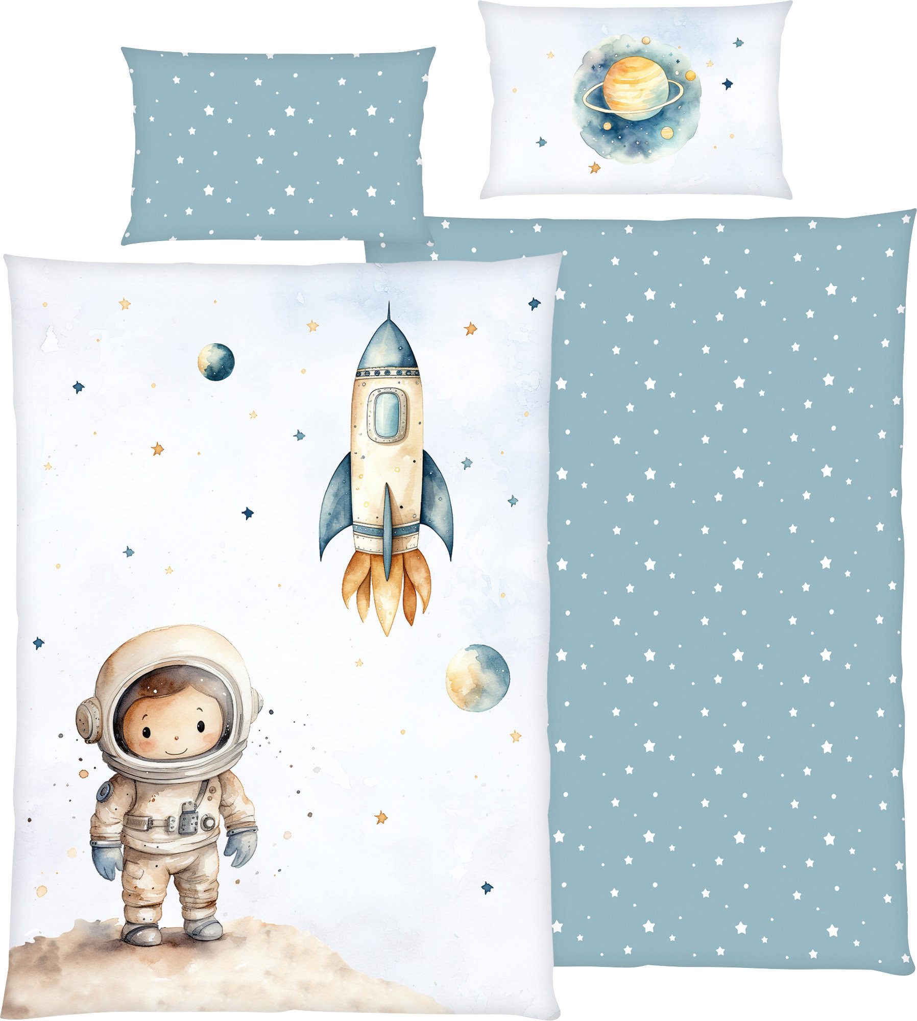 Herding Kinderbettwäsche Kinder-Wendebettwäsche "Kleiner Astronaut", Renforcé, Renforcé Motiv: Astronaut/Sterne