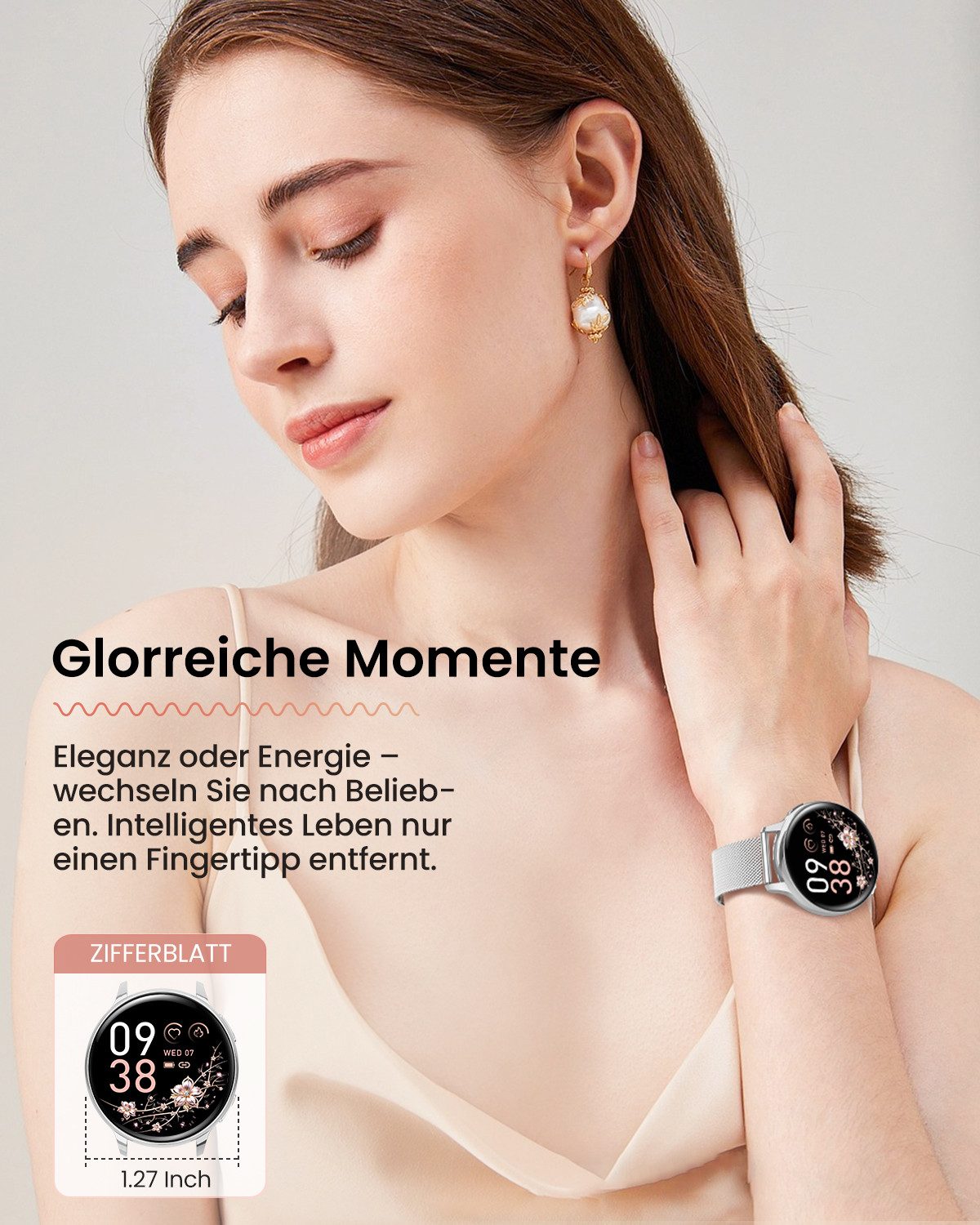 FOSMET 2026 Neue Smartwatch Damen,1.27" AMOLED,Bluetooth-Anruffunktion Smartwatch (3.23 cm) Pulsuhr,Schlafmonitor,SpO2, Watch, Sportuhr, Fitnessuhr Damen, IP68/mit Herzfrequenz/SpO2/Blutdruck/Schlafüberwachungsfunktion