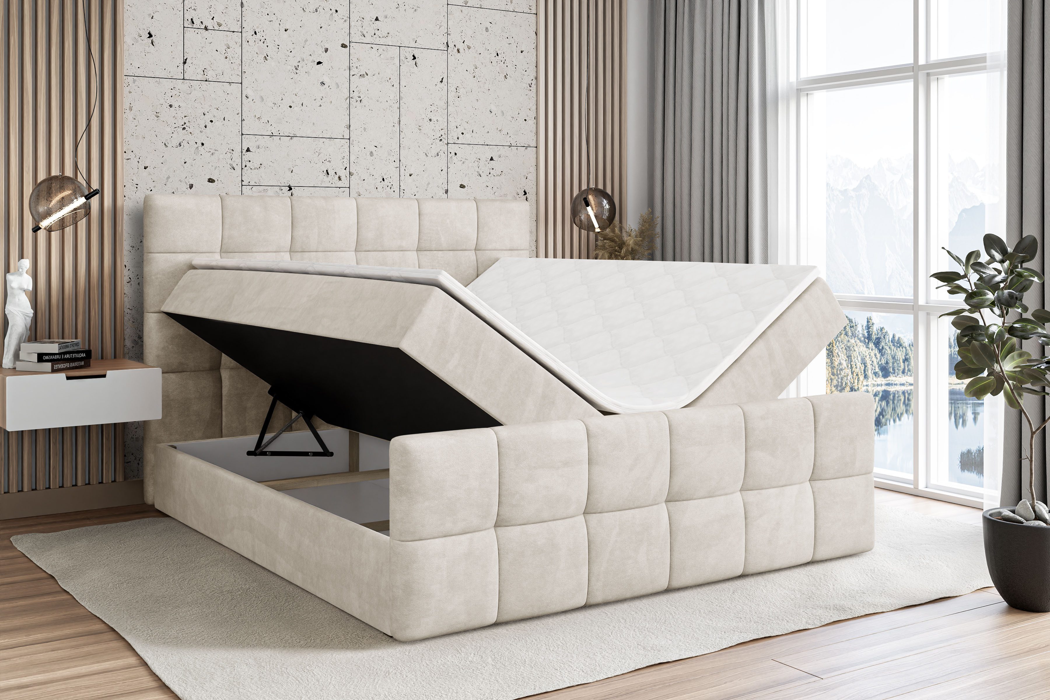 ALTDECOR Boxbett BRUGO-Z (mit Matratze Lattenrost Topper Polsterbett mit Bettkasten Doppelbett), H4 Multipocket / H3 Bonellfederung, Springboxbett Boxspringbett