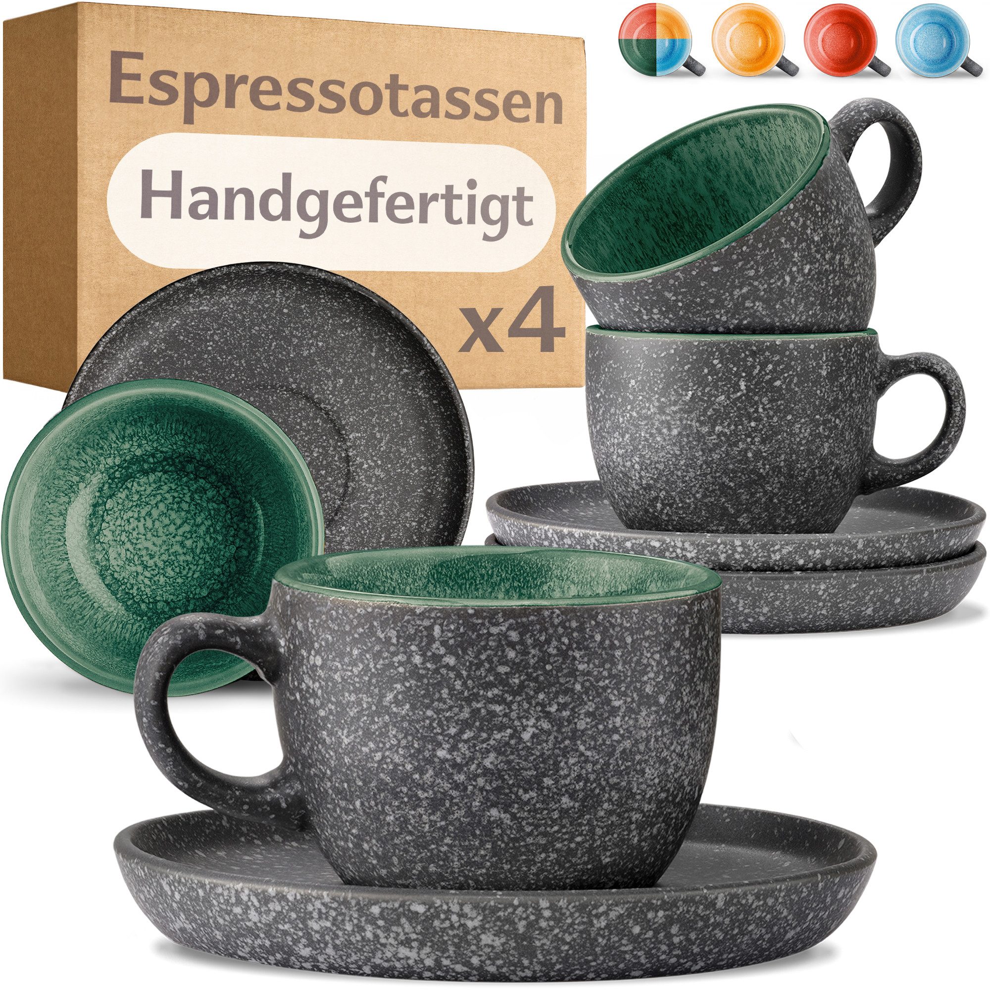 Cosumy Cappuccinotasse Espressotassen mit Untertassen 4er Set - 90 ml Keramik Grün, 8-tlg., Keramik, Warm