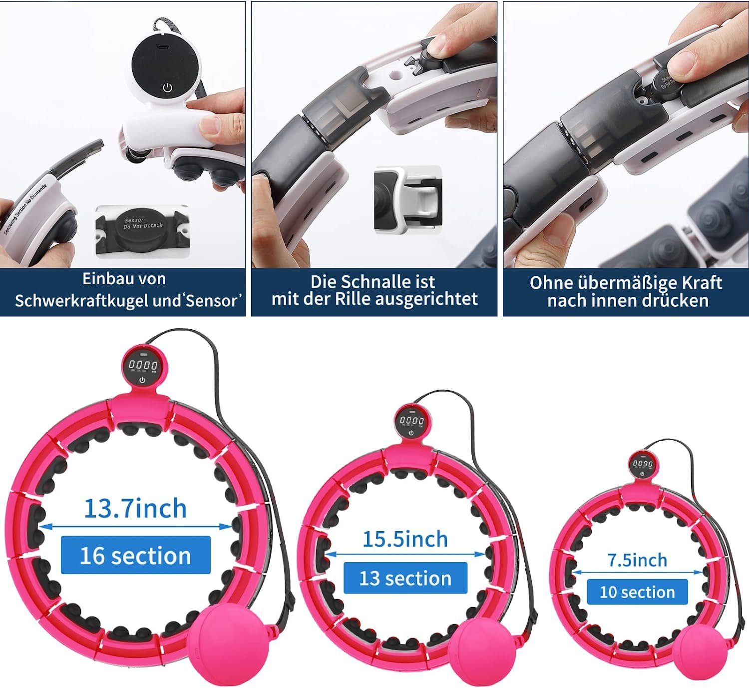 Dunkelrosa USB-Aufladung Gewichtsverlust), Counting Abnehmbaren Diyarts Teilen Smart 16 Hula Digi-Smart Screen Hoop, Hula-Hoop-Reifen Massage (Fitness Touch