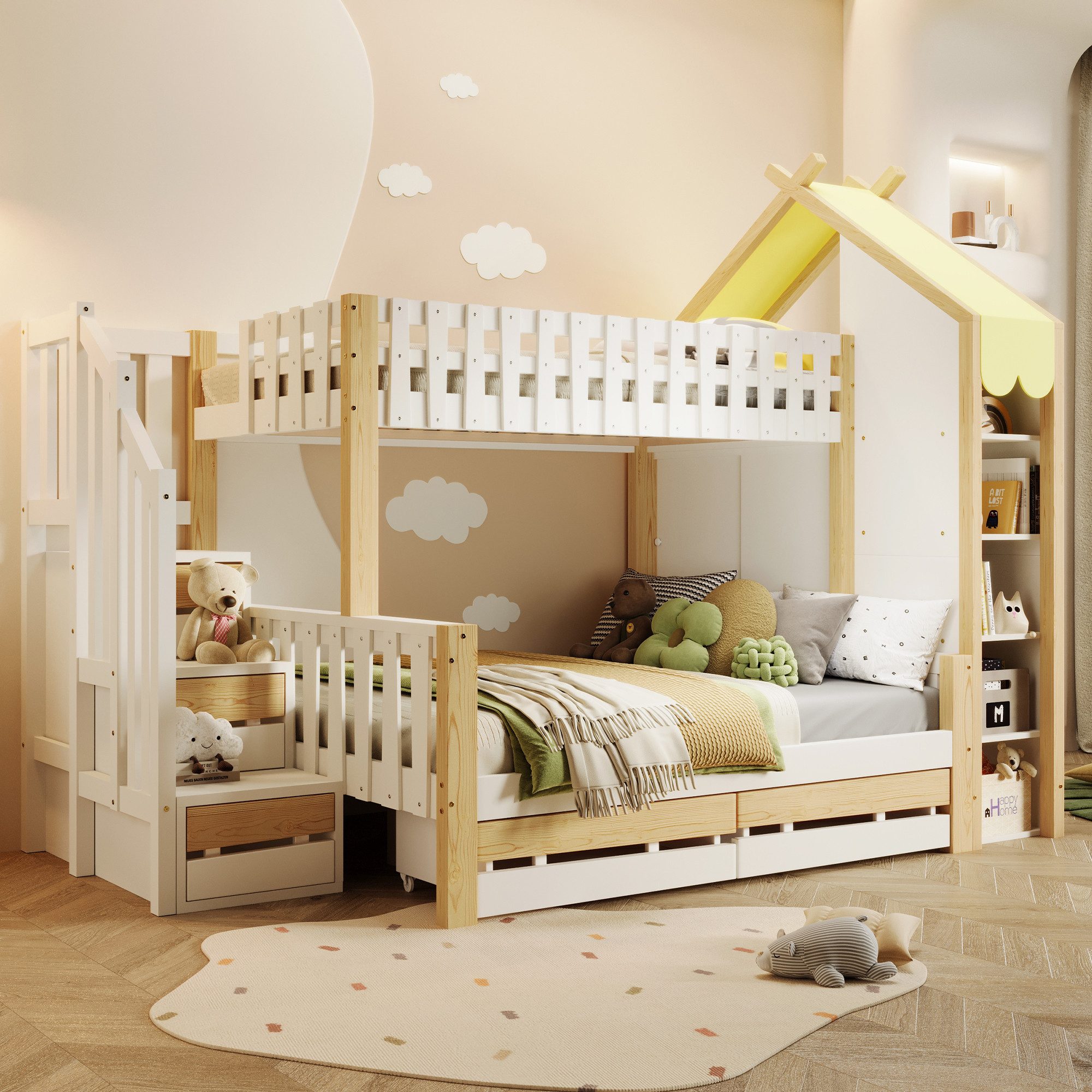 Flieks Etagenbett, Hausbett Kinderbett 90/140x200cm mit Schubladen, Staurau günstig online kaufen