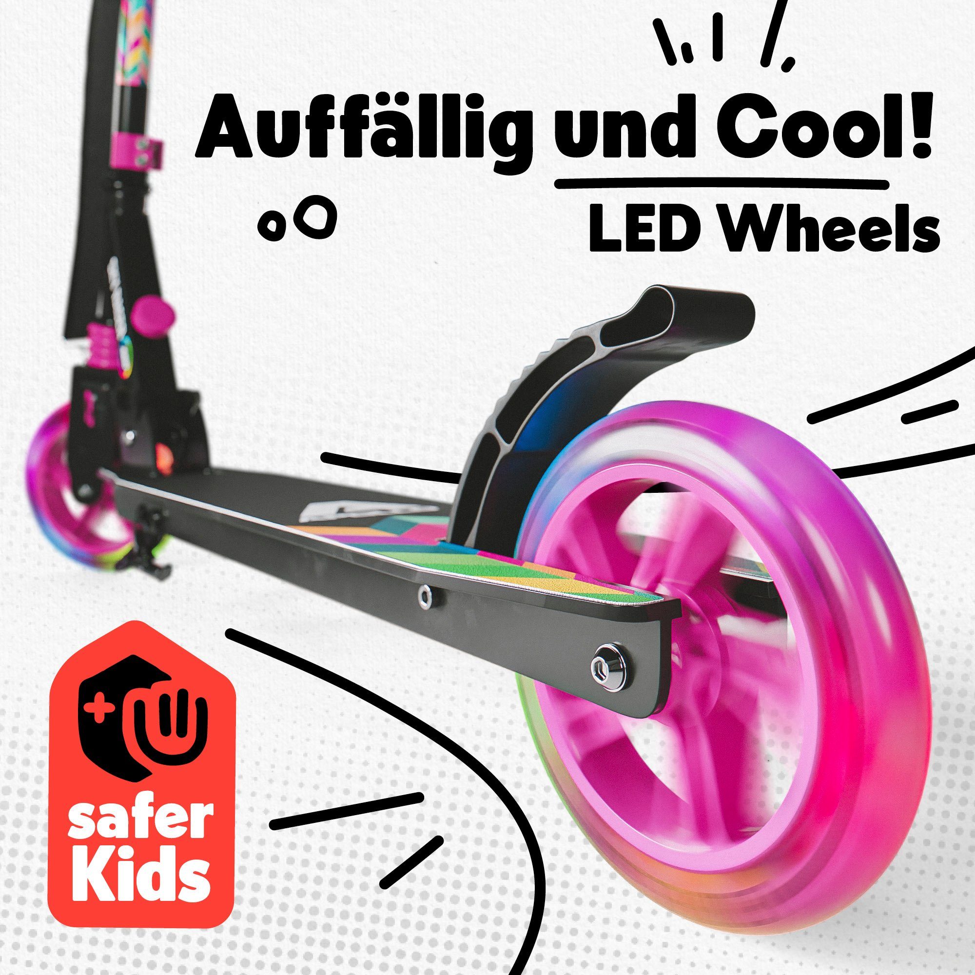 Apollo Cityroller Skyracer LED City Scooter Kinder, Tretroller mit Federung, klappbarer Kinderroller, höhenverstellbar