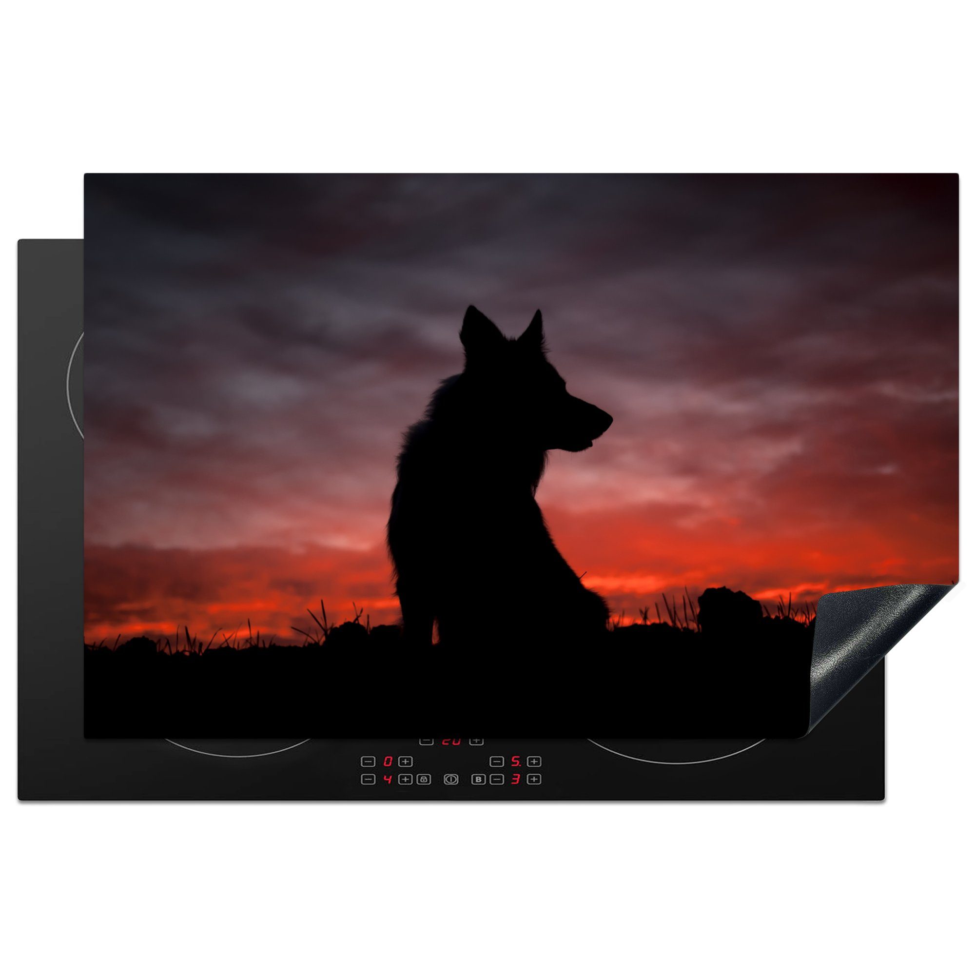 MuchoWow Herdblende-/Abdeckplatte Wolf - Raubtier - Sonnenuntergang, Vinyl, (1 tlg), 81x52 cm, Induktionskochfeld Schutz für die küche, Ceranfeldabdeckung