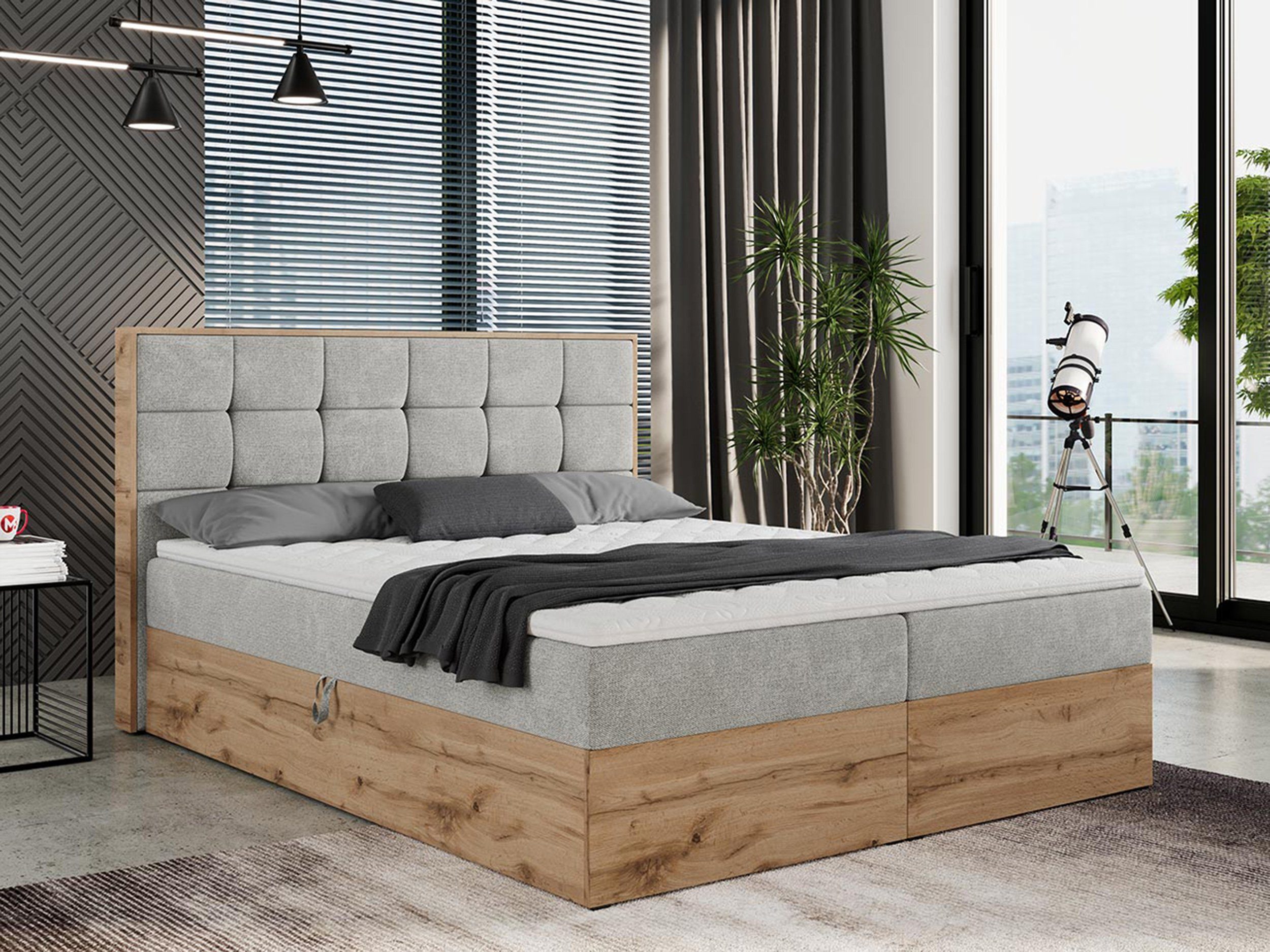 MKS MÖBEL Boxspringbett ALBERO 1, Doppelbett, Multipocket-Matratze, Eiche Holzrahmen, Praktisch