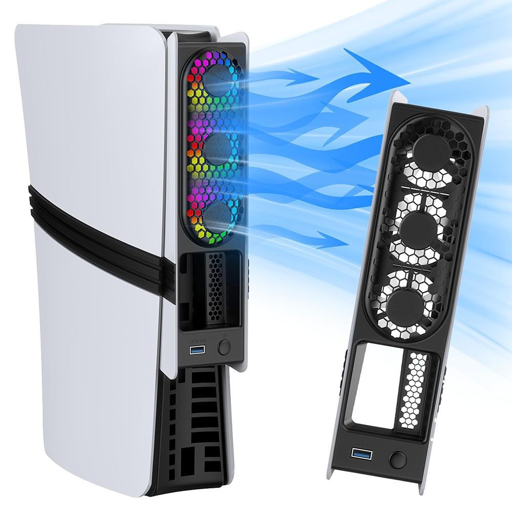 AFKSMILE Computer-Kühler Lüfter für PS5 Slim/PS5 Pro, 5 RGB-Beleuchtungsmodi, USB 3.0-Anschluss, Ausgestattet mit einem geräuscharmen Sockel und einer Kühlfunktion