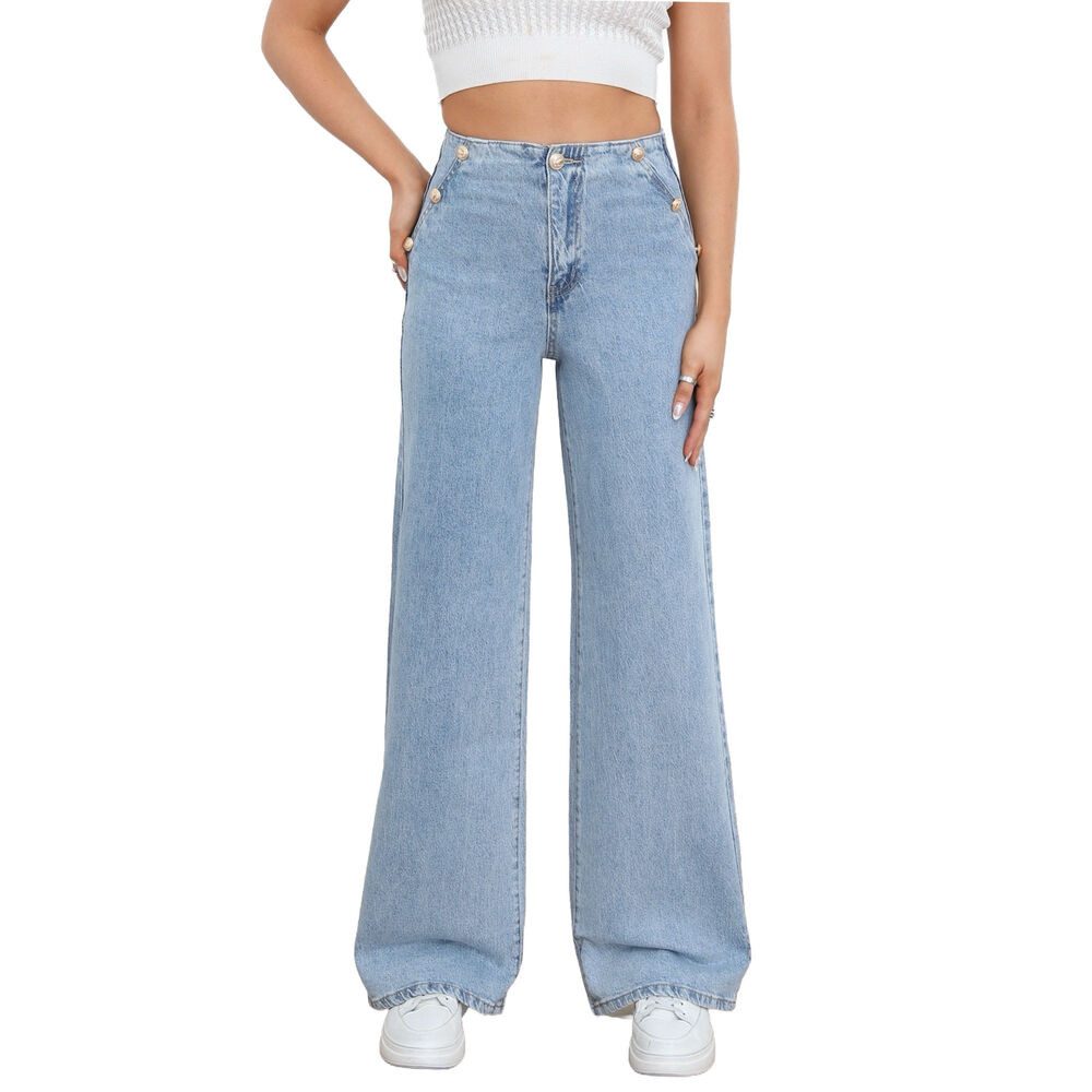 Ital-Design Dad-Jeans Damen High-Waist Wide-Leg Jeans mit Knopfdetails (92375268) Used-Look Stretch High Waist Jeans in Hellblau