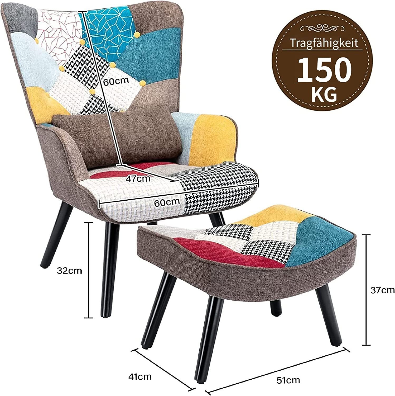 HomeMiYN Ohrensessel Relaxsessel Lehnstühle Hocker, Bunt Patchwork Ohrensessel Chair mit