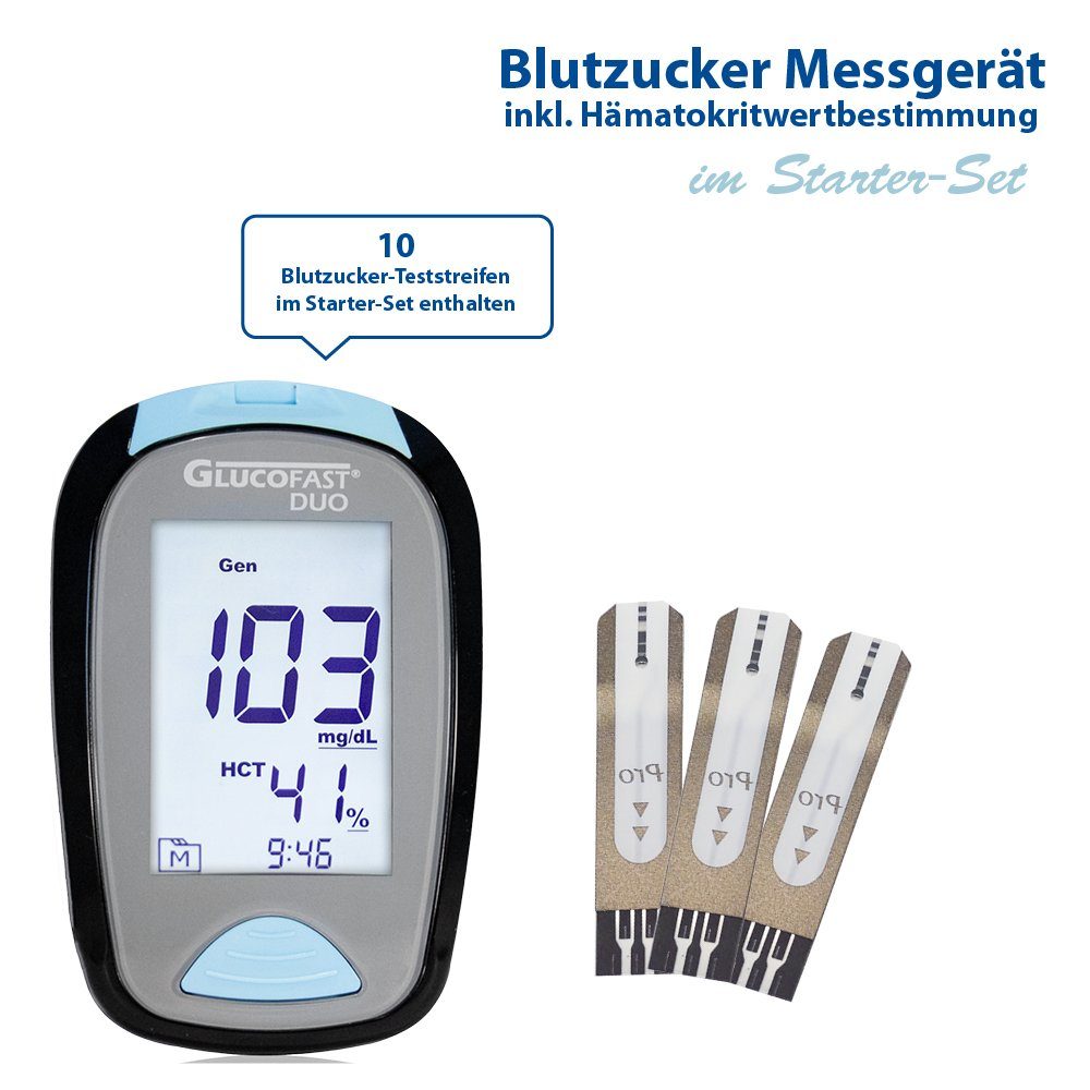 GLUCOFAST Blutzuckermessgerät DUO Maßeinheit in MG, Starterset, Ink. 10 Tetsteifen, 10 Lanzetten und Lanzettiergerät, Blutzucker und Hämatokritwert mit einer Messung bestimmen