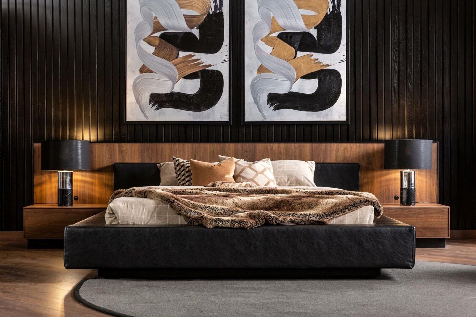 JVmoebel Schlafzimmer-Set Bettfarbe Schwarz Moderner Stil Luxuriös Bequem für Schlafzimmer, (3-St., 1x Bett + 2x Nachttisch), Made in Europa