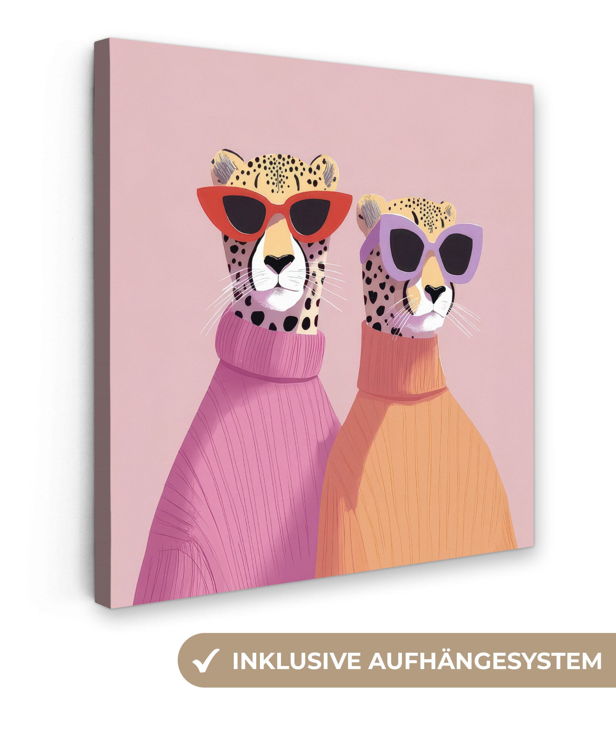 OneMillionCanvasses® Leinwandbild Jagd auf Leoparden - Sonnenbrillen - Pullover, Fotodruck (1 St), Wandbild, Deko Schlafzimmer Wohnzimmer Flur 20x20 cm