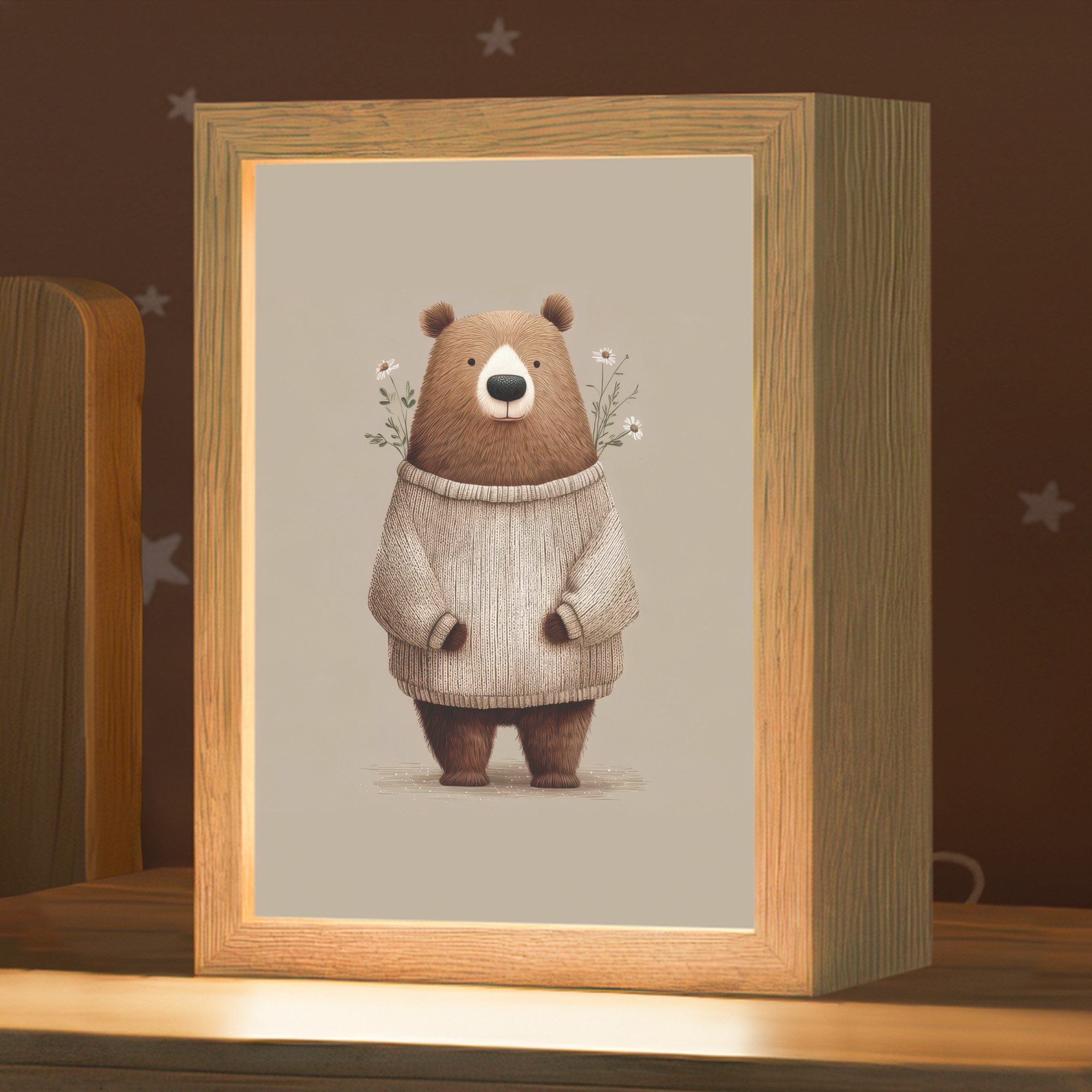 OnlyWow Nachttischlampe Lightbox Bär - Weiße Blumen - Gemütlich - Mädchen, Dimmbar, Farbwechsel, LED, Warmweiß, Kaltweiß, Neutralweiß Einstellbar, Kinderzimmer, Babyzimmer, Dimmbar, mit Kabel, Nachtlampe, LED