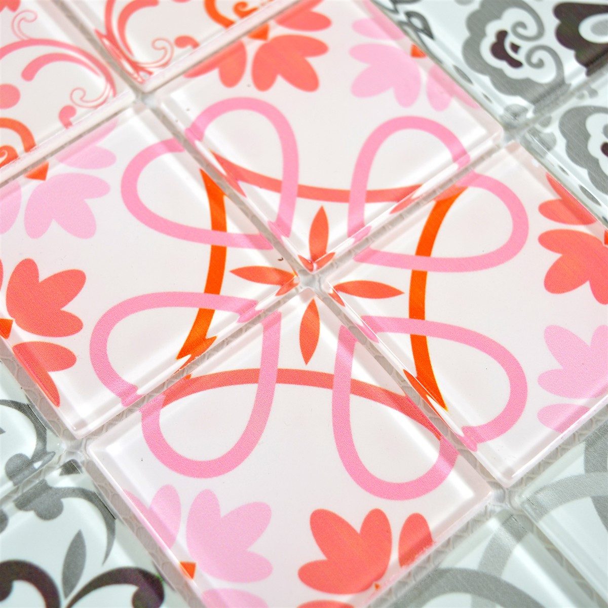 Mosafil Mosaikfliesen Muster von Glasmosaik Retrofliesen India Vintage, Glas 10.000x10.000, schwarz-grau-rosa-orange, Verlegefertig auf ein Netz geklebt - Wasserfest