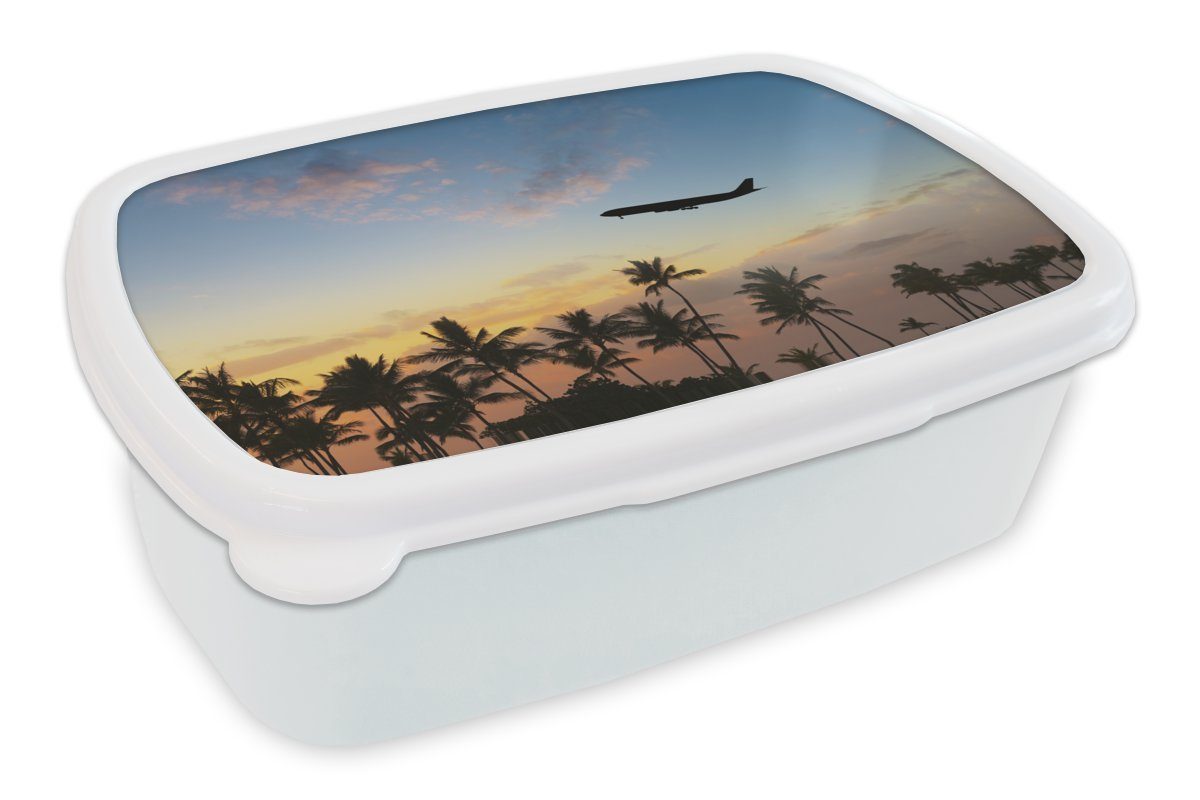 MuchoWow Lunchbox Silhouette eines Flugzeugs über den Palmen, Kunststoff, (2-tlg), Brotbox für Kinder und Erwachsene, Brotdose, für Jungs und Mädchen weiß