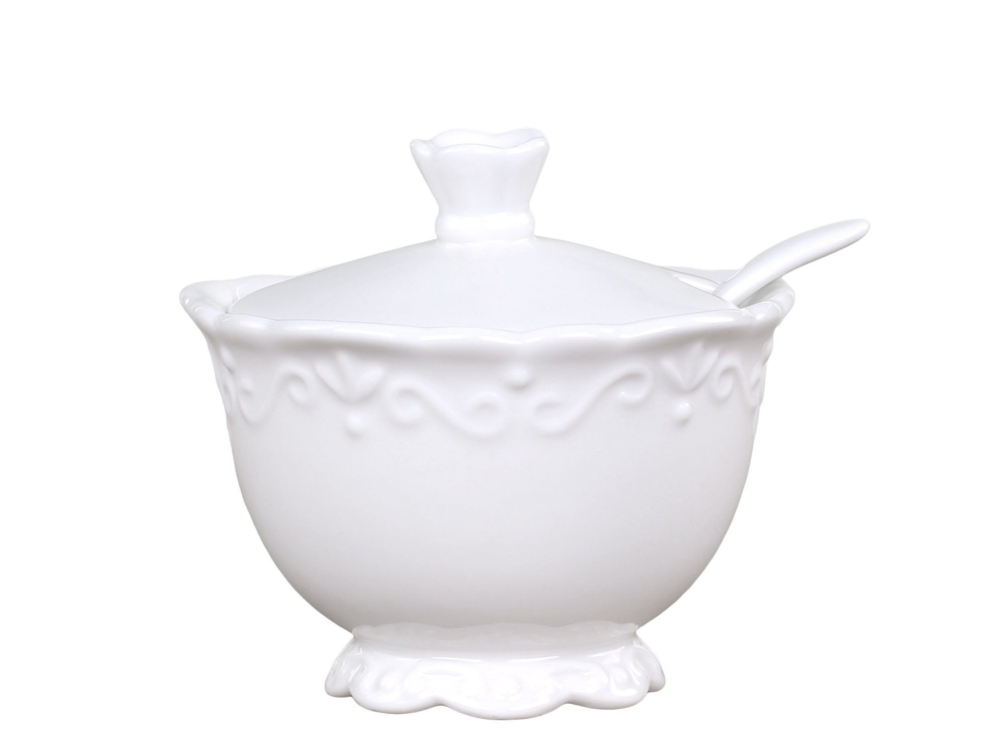 Chic Antique Milch- und Zuckerset Zuckerschale Zuckerdose mit Löffel Porzellan Weiß Provence Chic