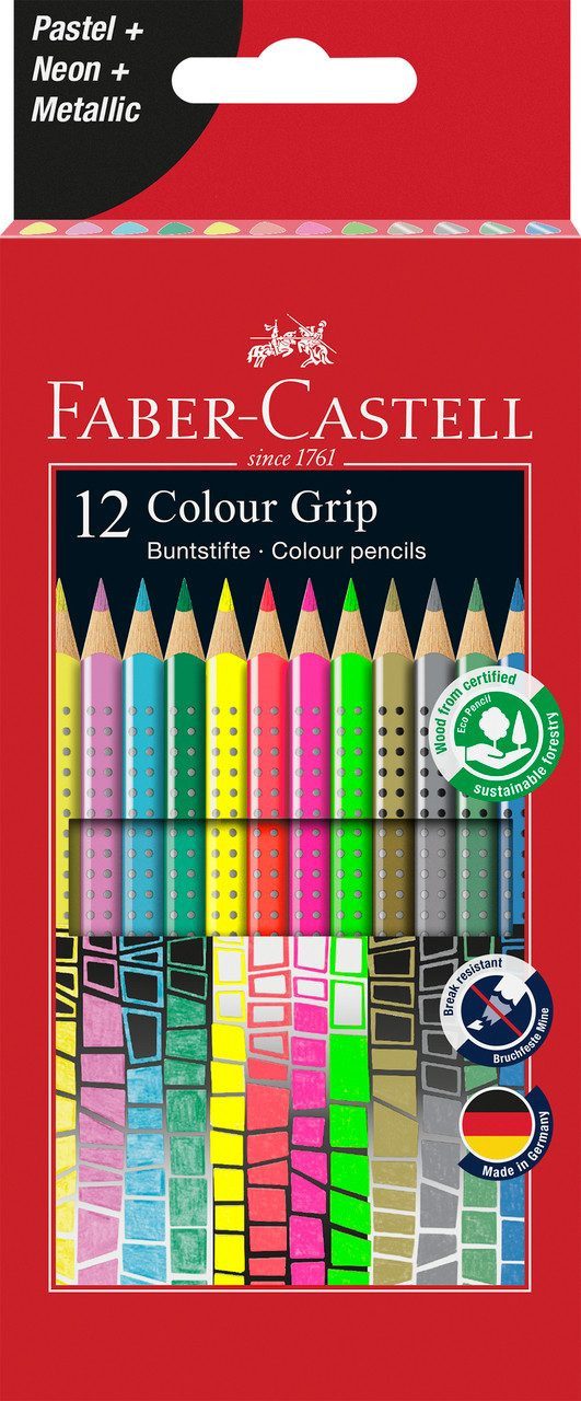Faber-Castell Buntstift Colour Grip, 12er Kartonetui mit Sonderfarben, Pastel, Neon, Metallic