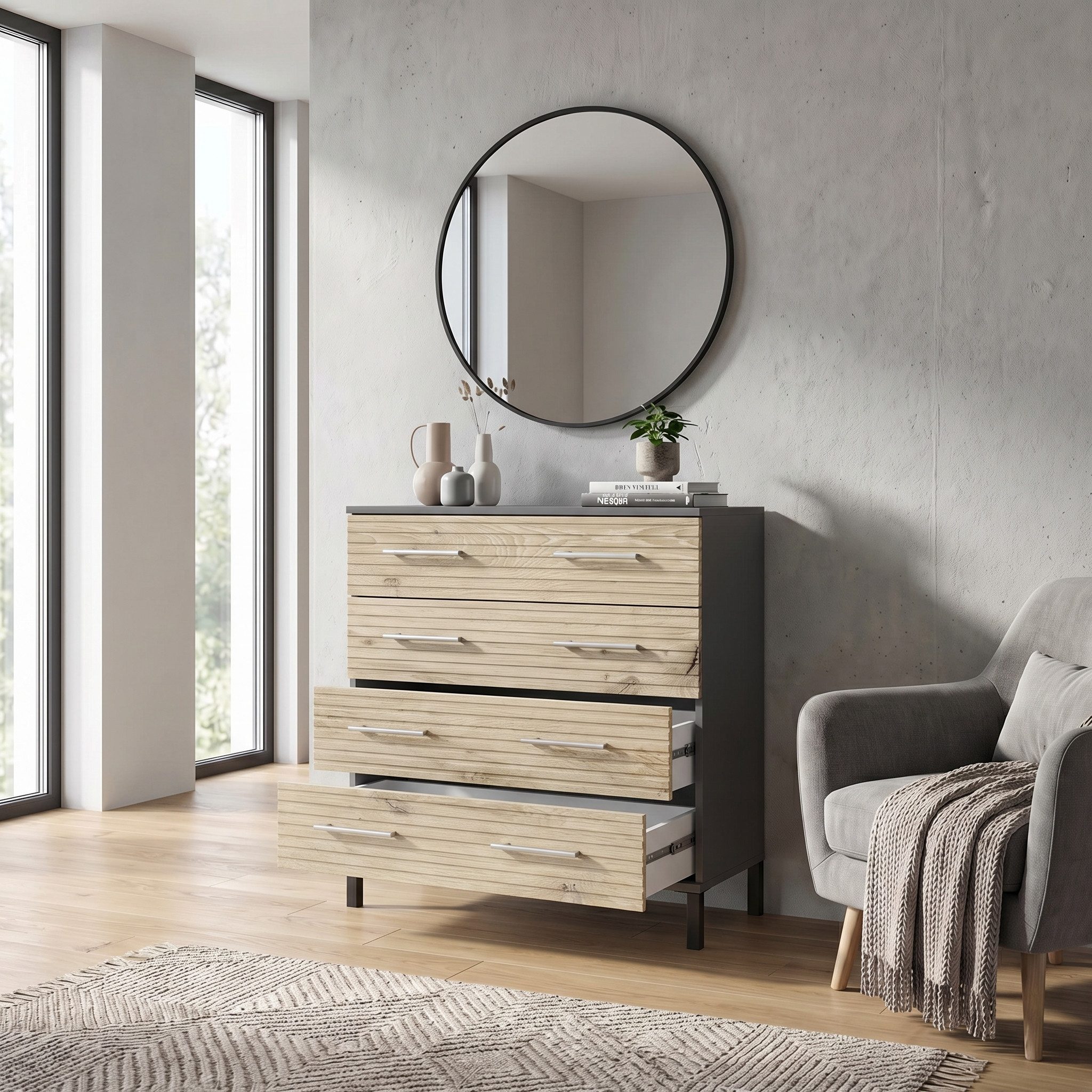 Vladon Kommode Bravo (Moderner Schrank mit 4 Schubladen, Aufbewahrungsschrank für Schlafzimmer, Flur, Wohnzimmer), Anthrazit / Eiche (76 x 84 x 35 cm)