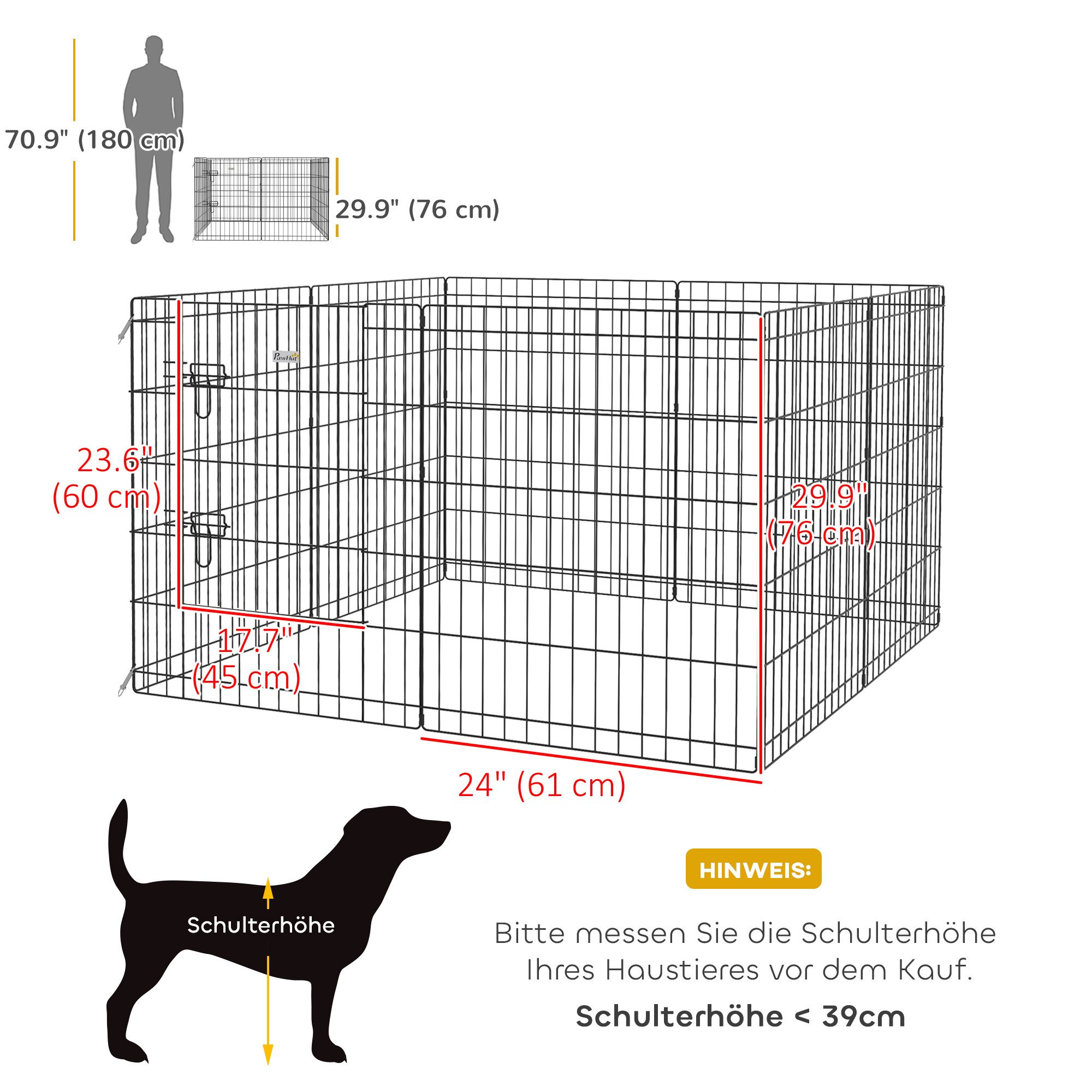 PawHut Freigehege Welpenauslauf 76 cm Hoch, 8-TLG Welpenlaufstall mit Schloss, für mittelgroße Hunde, Meerschweinchen, Kaninchen, Metall, Schwarz