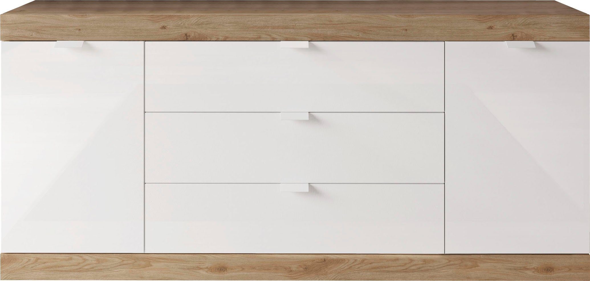 Billiges Originalprodukt LC Sideboard Slim, Breite 181 cm, Cadiz Weiß NB Hochglanz Hochglanz / Eiche weiß Lack Lack