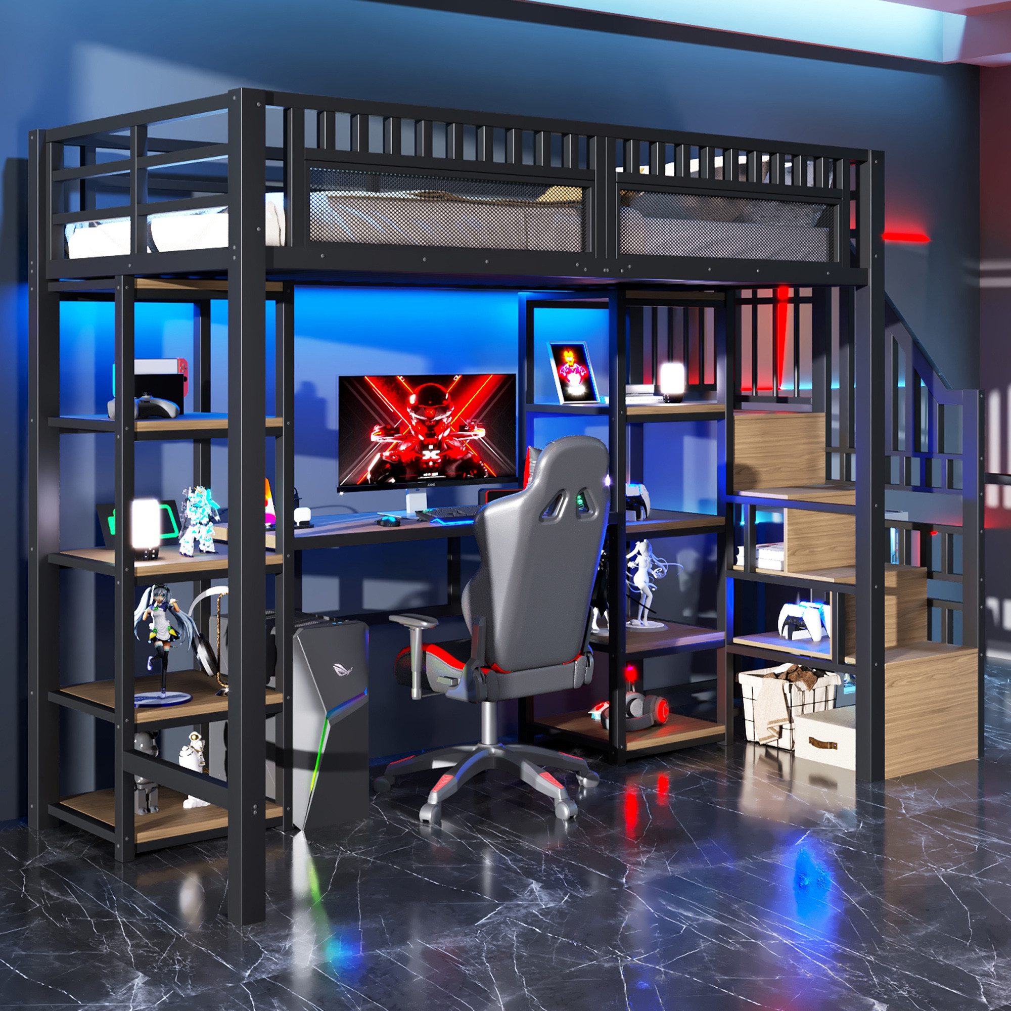 Odikalo Hochbett Kinderbett Jugendbett 90x200 140x200 mit LED und Schreibtisch (Eisenrahmen, Ablagefach, Leiter mit Stauraum, Schreibtisch, LED-Lichtleiste, USB-Anschluss inklusive, ohne Matratze, schwarz / weiß)