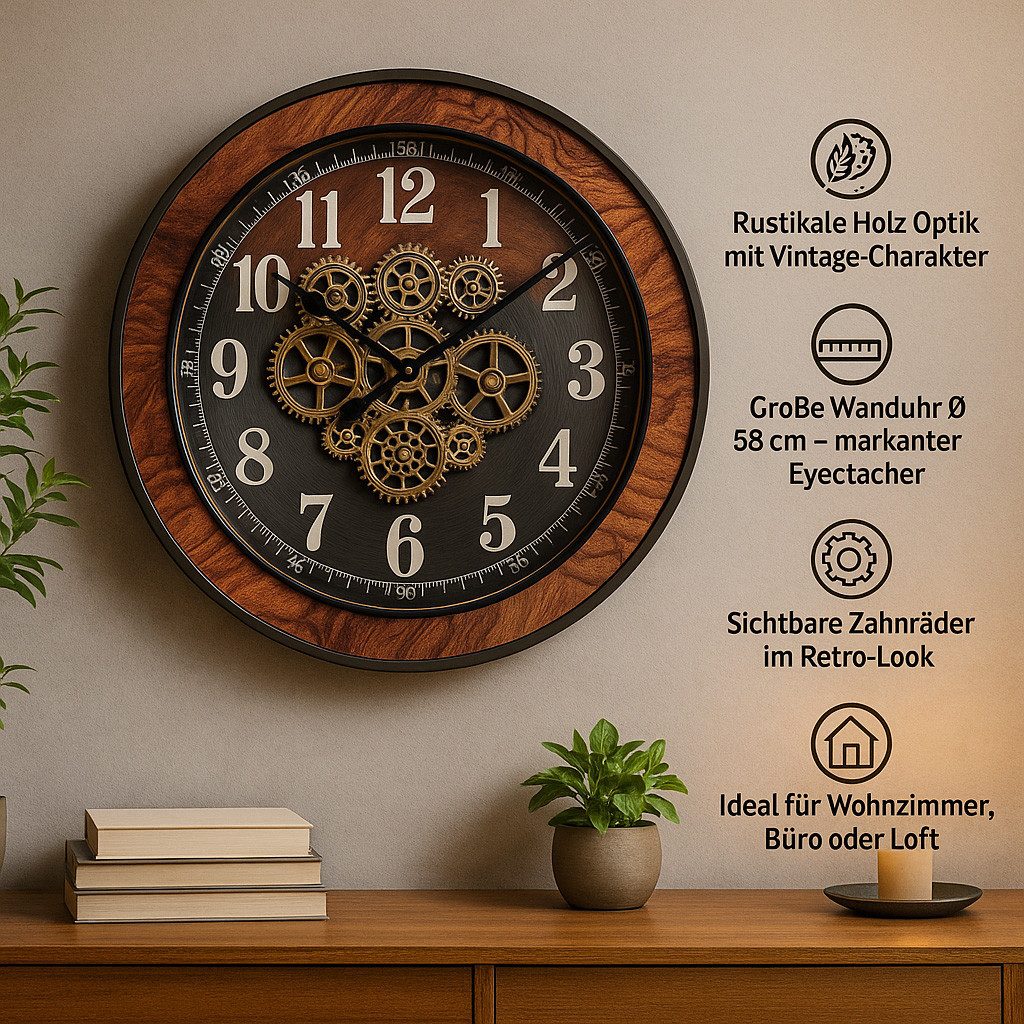 formano Wanduhr XXL Uhr antik Zahnräder 58x58cm Metall, goldene drehende Zahnräder (Sichtbar bewegliche Zahnräder)