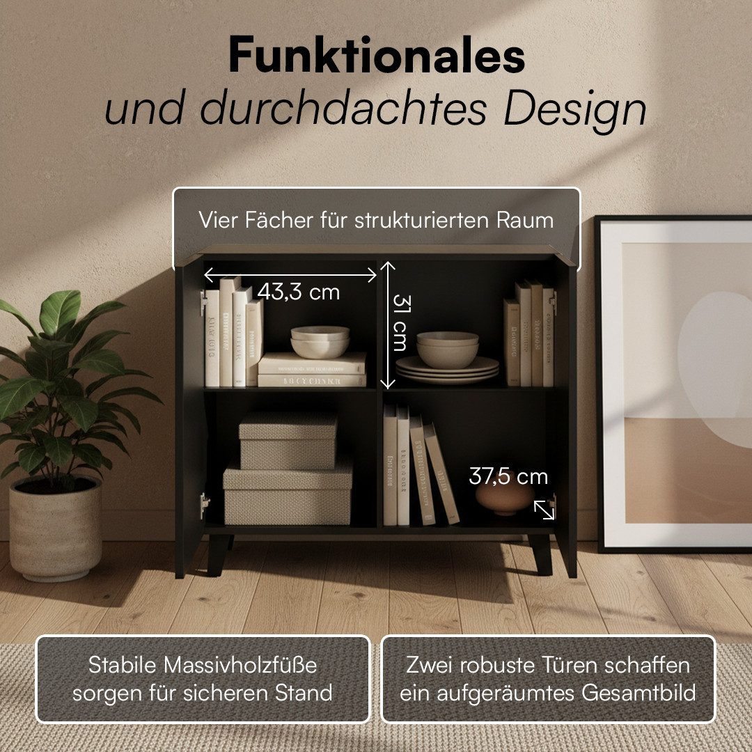 Bellamio Kommode Tana aus Holz (mit 2 Türen, schwarz, 85x40x92 cm), Sideboard mit geriffelter Front, grifflos, mit 4 Fächern