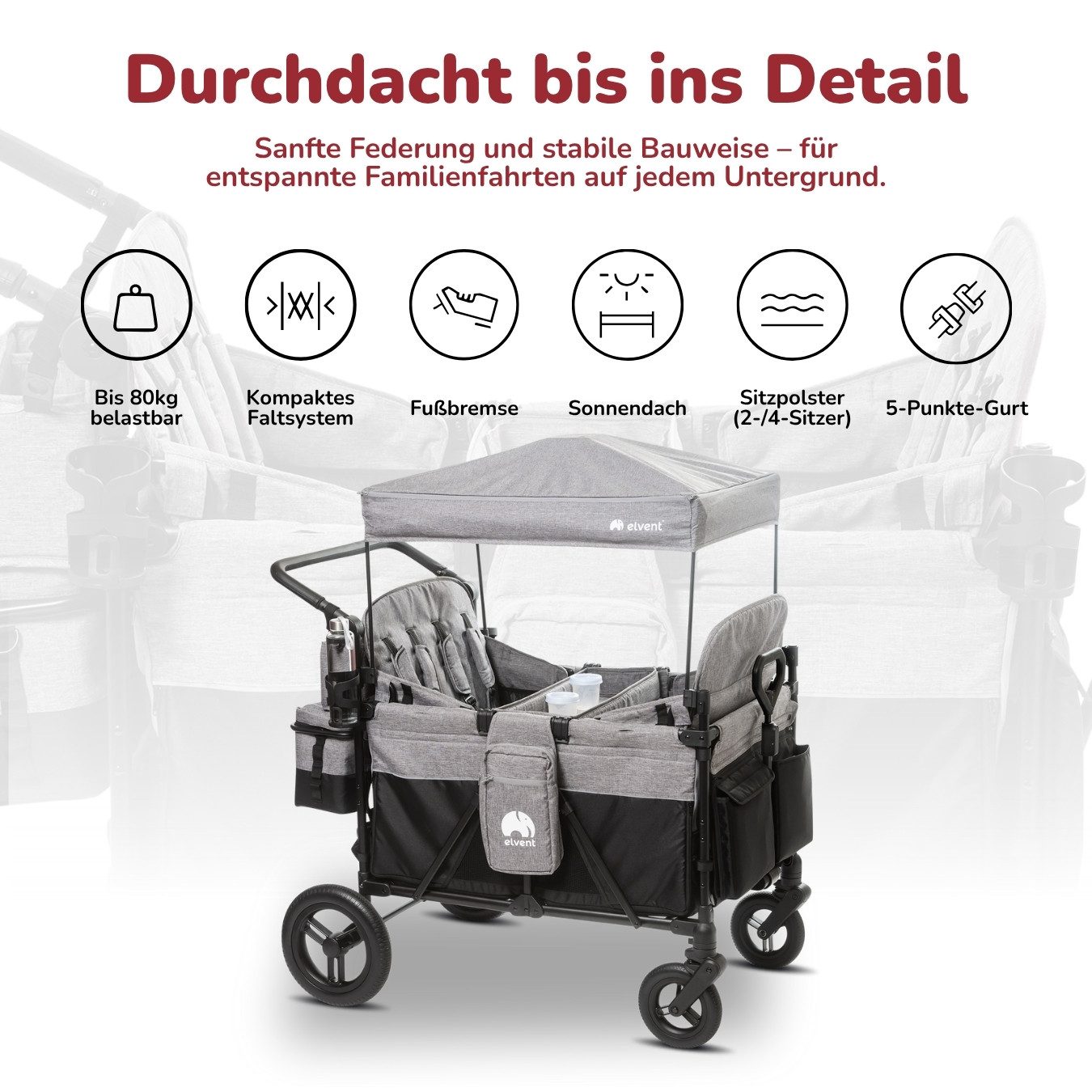 elvent Bollerwagen ComfortPlus 4, Kompakt faltbar, Für bis zu 4 Kinder, Ideal für Familien-Abenteuer