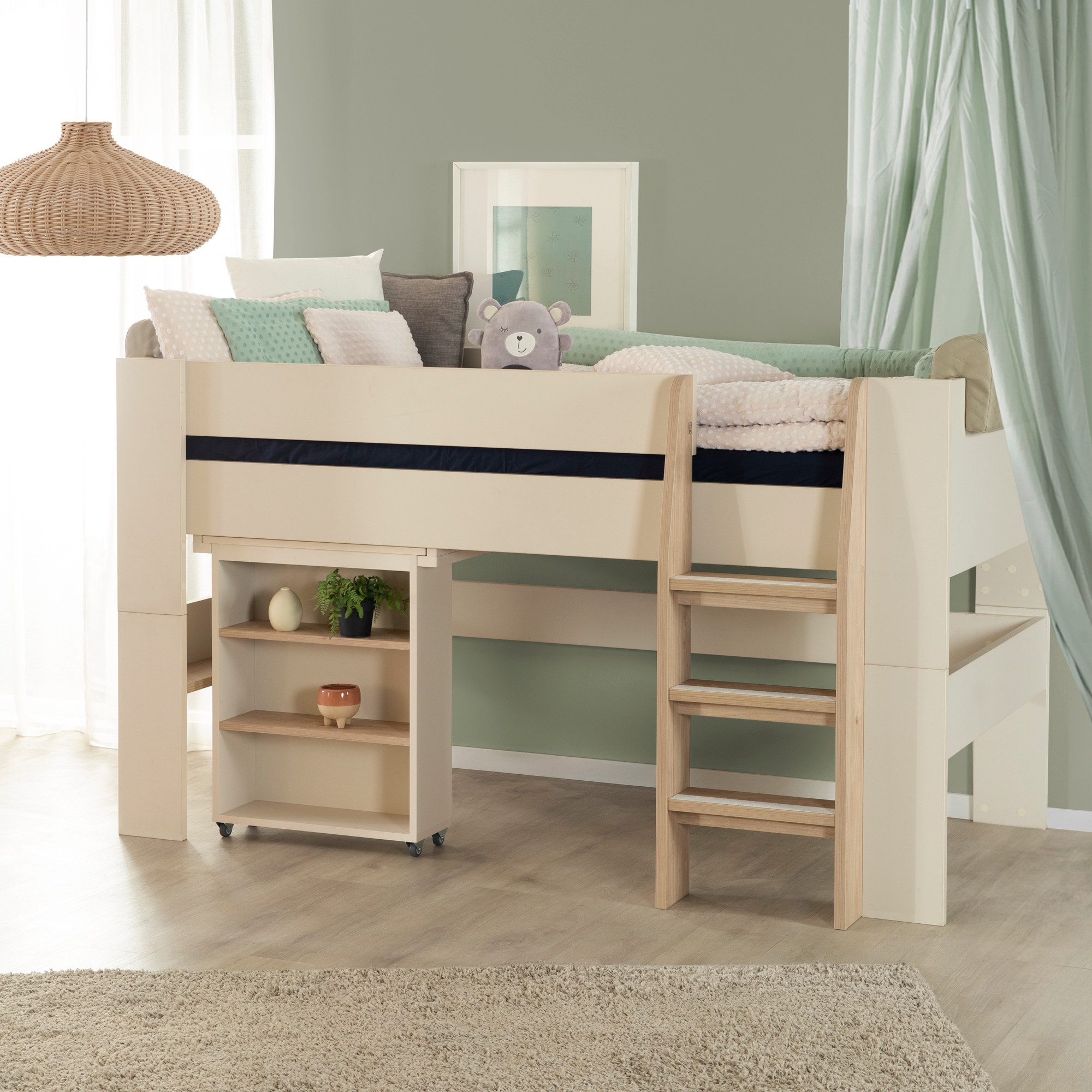 roba® Hochbett Flexi Grow 90 x 200 cm aus Holz - moderne Scandi Optik (Made in Europa - Blauer Engel - mit Stauraum & Sicherheitsgeländer) halbhohes Hochbett mit ausziehbarem Schreibtisch - Beige / Cashmere