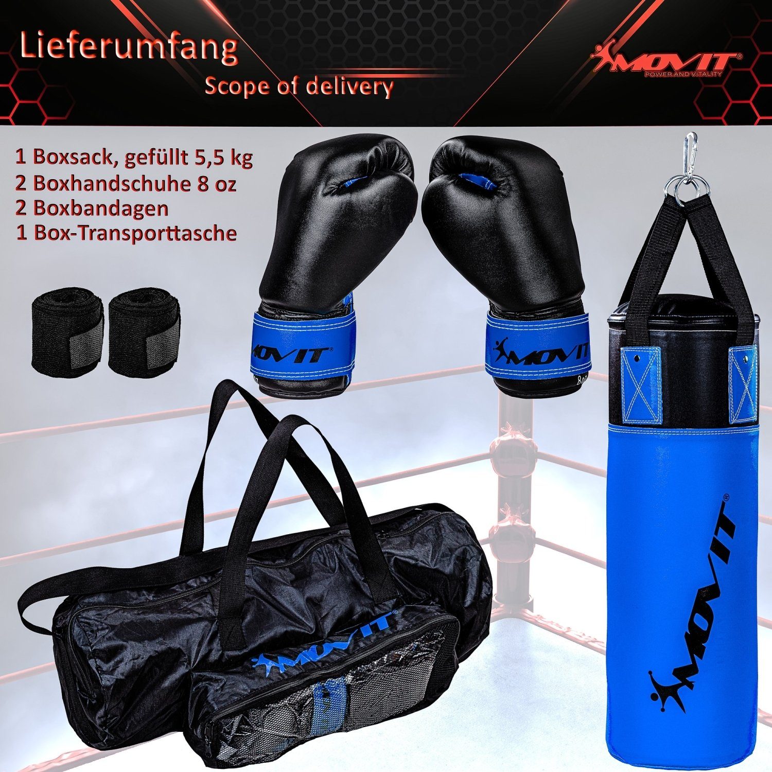 MOVIT Boxsack Movit® Boxsack-Set 5,5kg, inkl. Boxsack befüllt (Set, mit  Tasche, mit Bandagen, mit Boxhandschuhen), für Kinder und Jugendliche, rot  oder blau