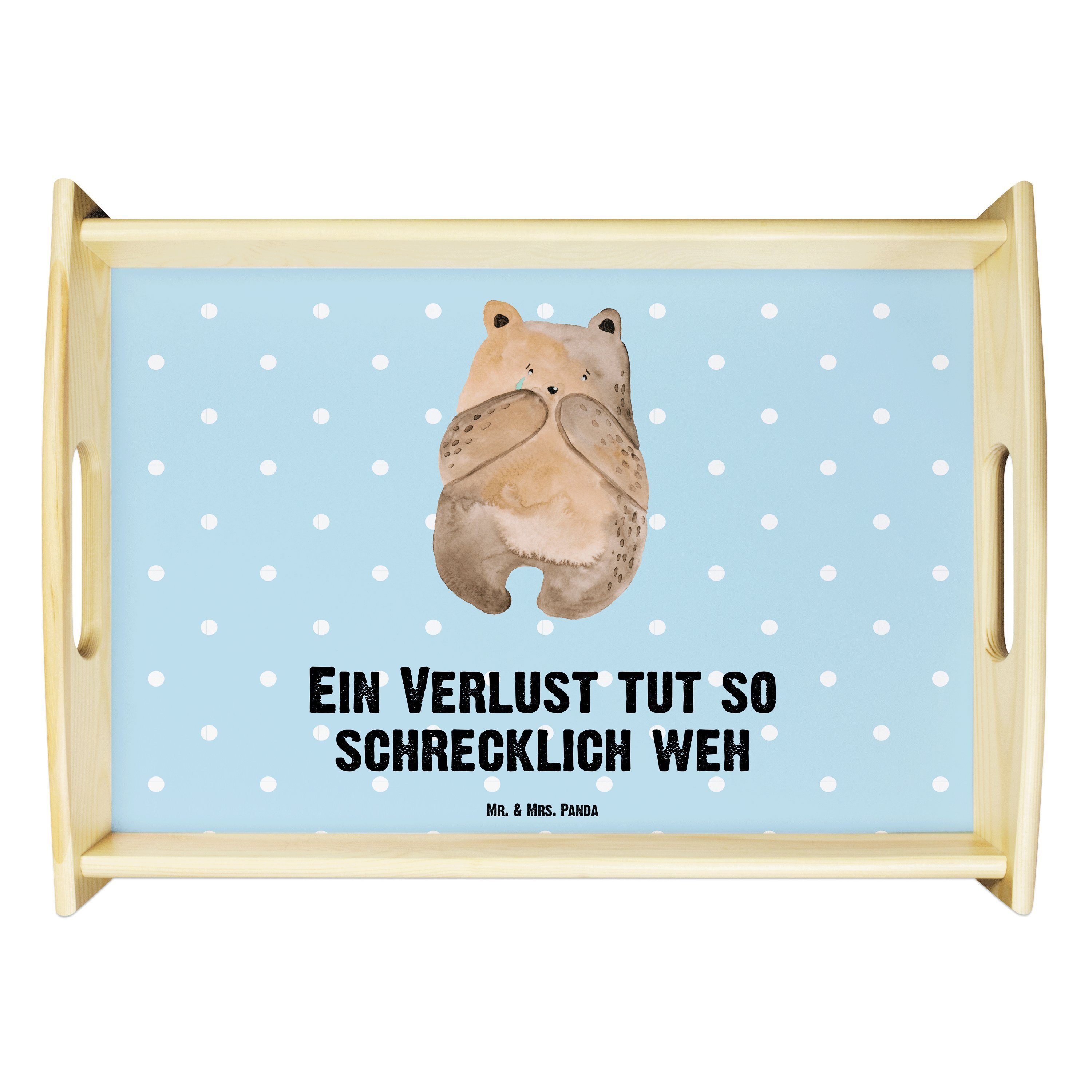 Mr. & Mrs. Panda Tablett Bär Verlust - Blau Pastell - Geschenk, Teddybär, Teddy, Holztablett, Echtholz lasiert, (1-tlg)