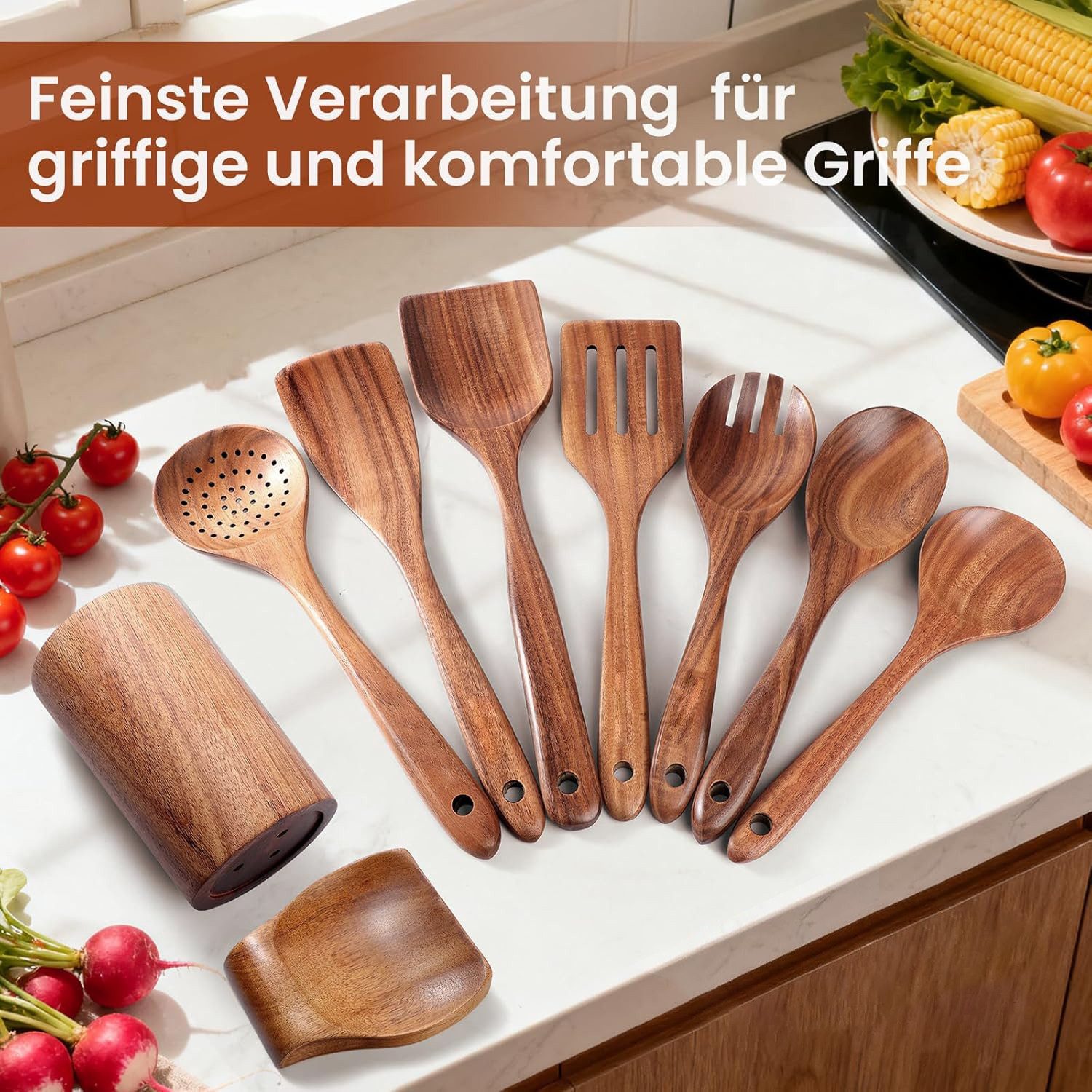 SURFOU Kochbesteck-Set Acacia Holz Küchenhelfer Set, 9 teilig inkl. Aufbewahrungsständer (Set, Pfannenwender, Kochlöffel, Schöpflöffel, Ständer, Löffelablage), Inkl. Pfannenwender und Kochlöffel. Schont Anti-Haft-Beschichtungen.