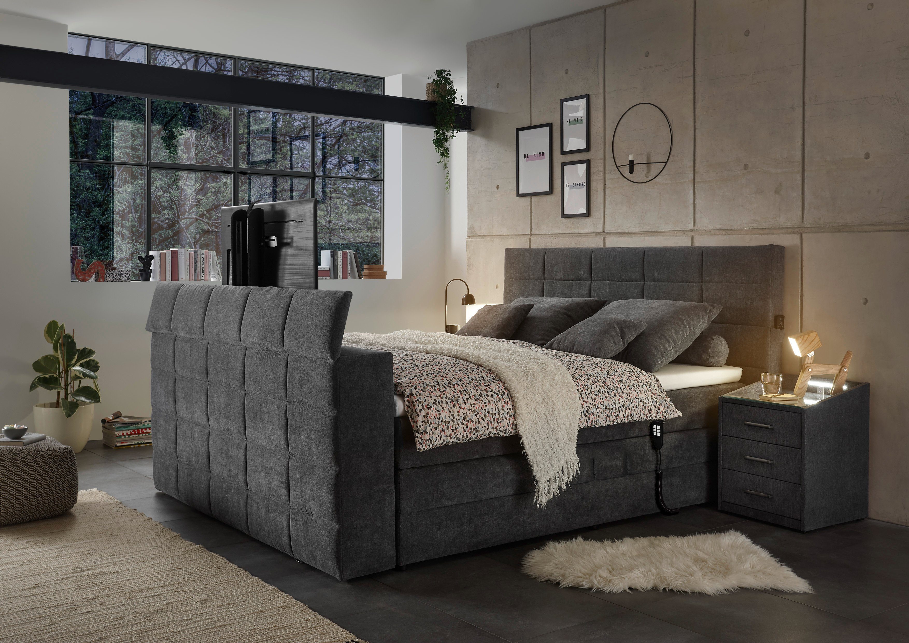 ED EXCITING DESIGN Boxspringbett Denver, inkl. Motor, Topper und motorisierter TV-Halterung bis 40 Zoll