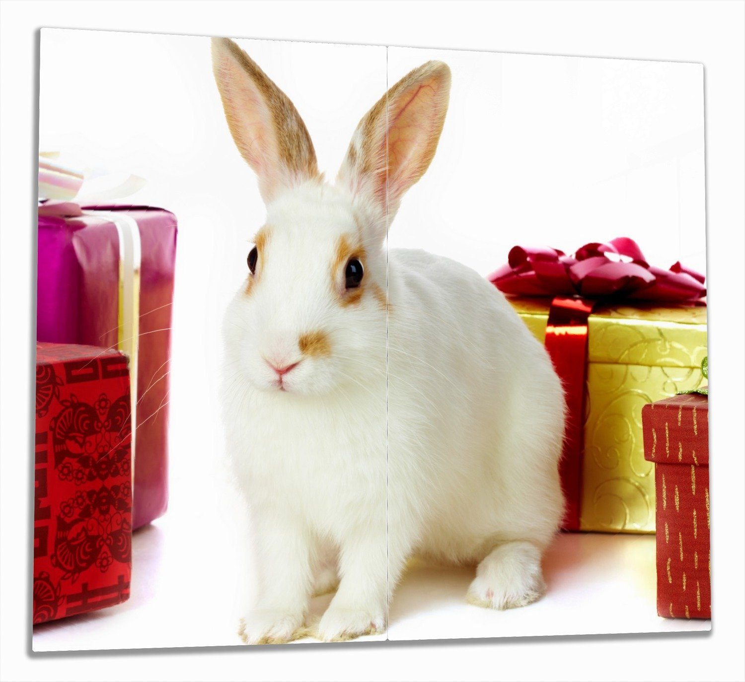 Wallario Herd-Abdeckplatte Süßes Kaninchen mit bunten Geschenken, ESG-Sicherheitsglas, (Glasplatte, 2 tlg., inkl. 5mm Noppen), verschiedene Größen