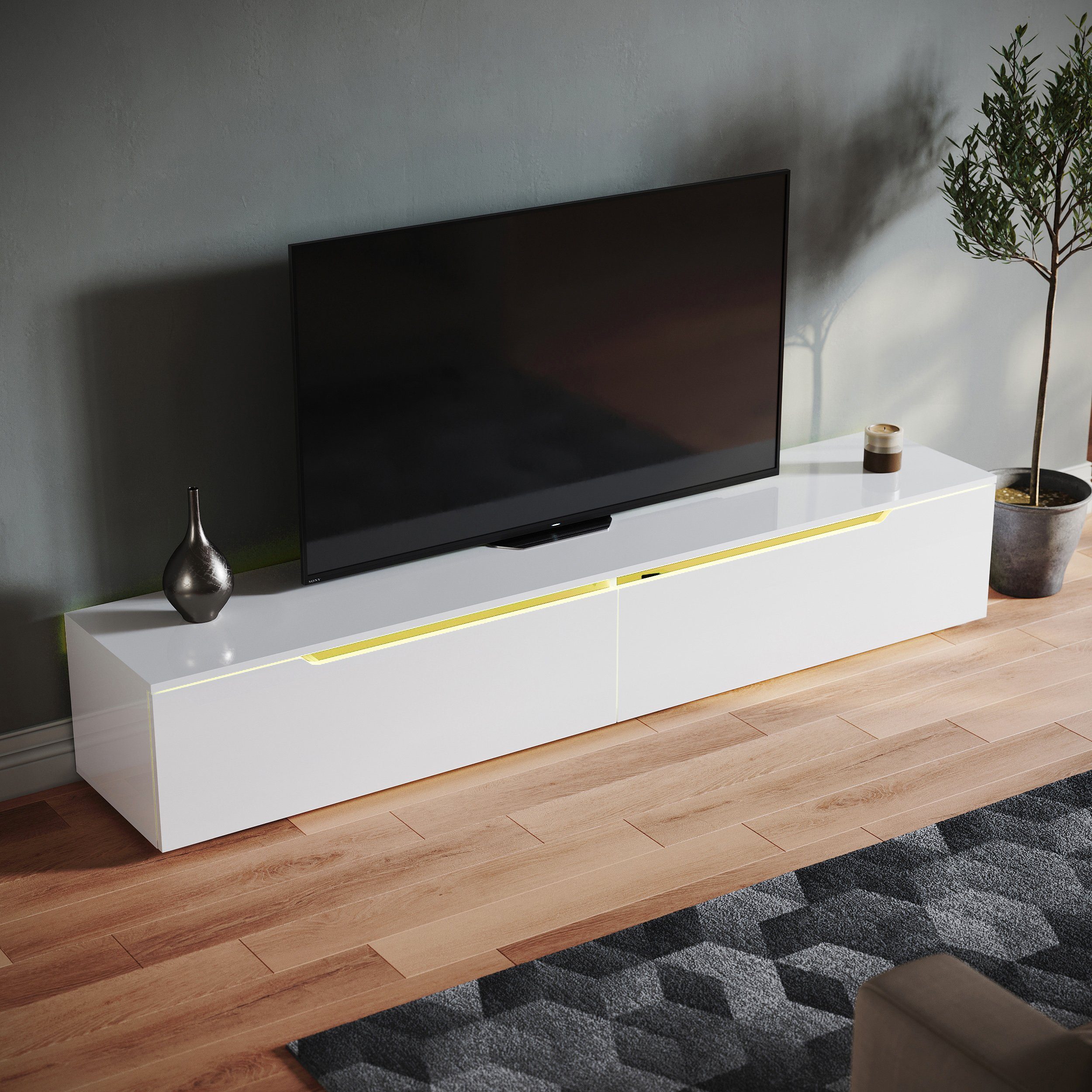SONNI TV-Schrank Ein weißer, hängender LED-Lichteffekten.160/180x35x30cm mit TV-Schrank