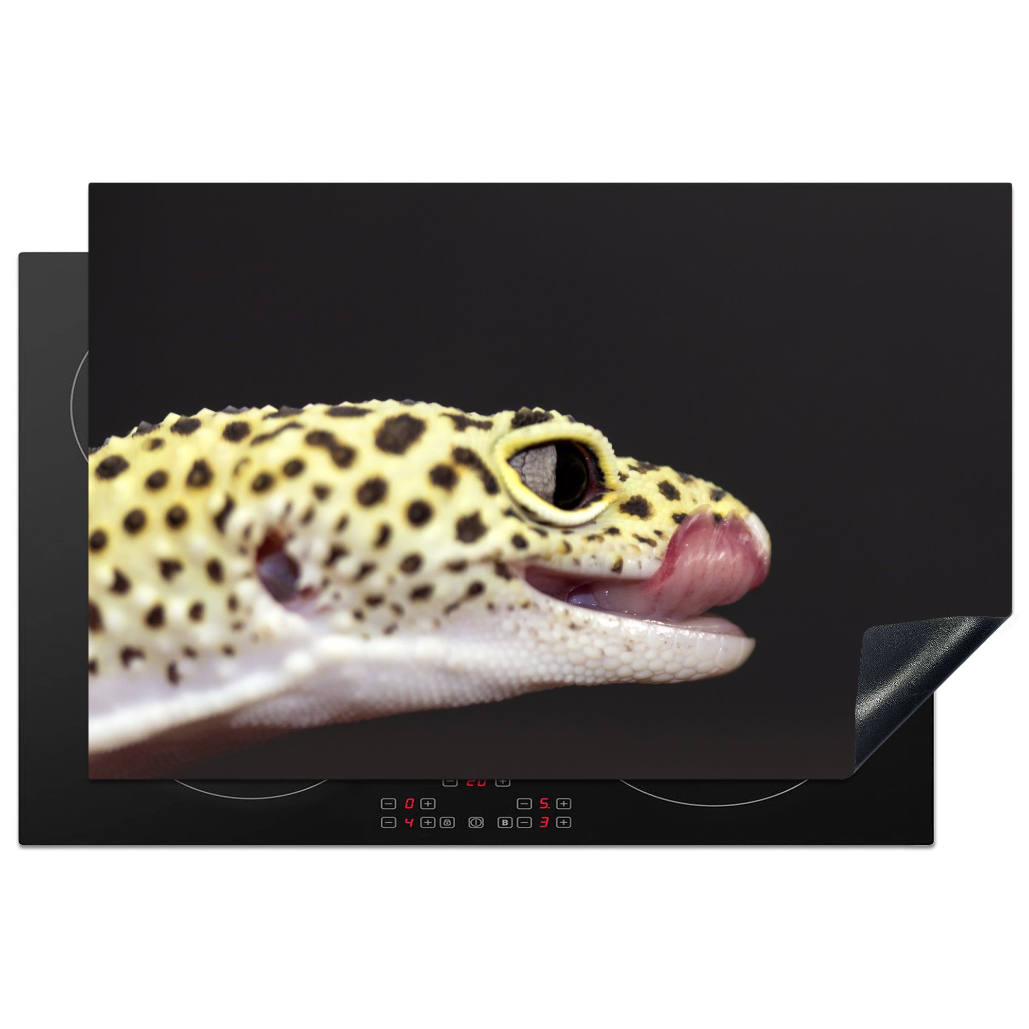 MuchoWow Herdblende-/Abdeckplatte Leopardgecko auf schwarzem Hintergrund mit heraushängender Zunge, Vinyl, (1 tlg), 81x52 cm, Induktionskochfeld Schutz für die küche, Ceranfeldabdeckung