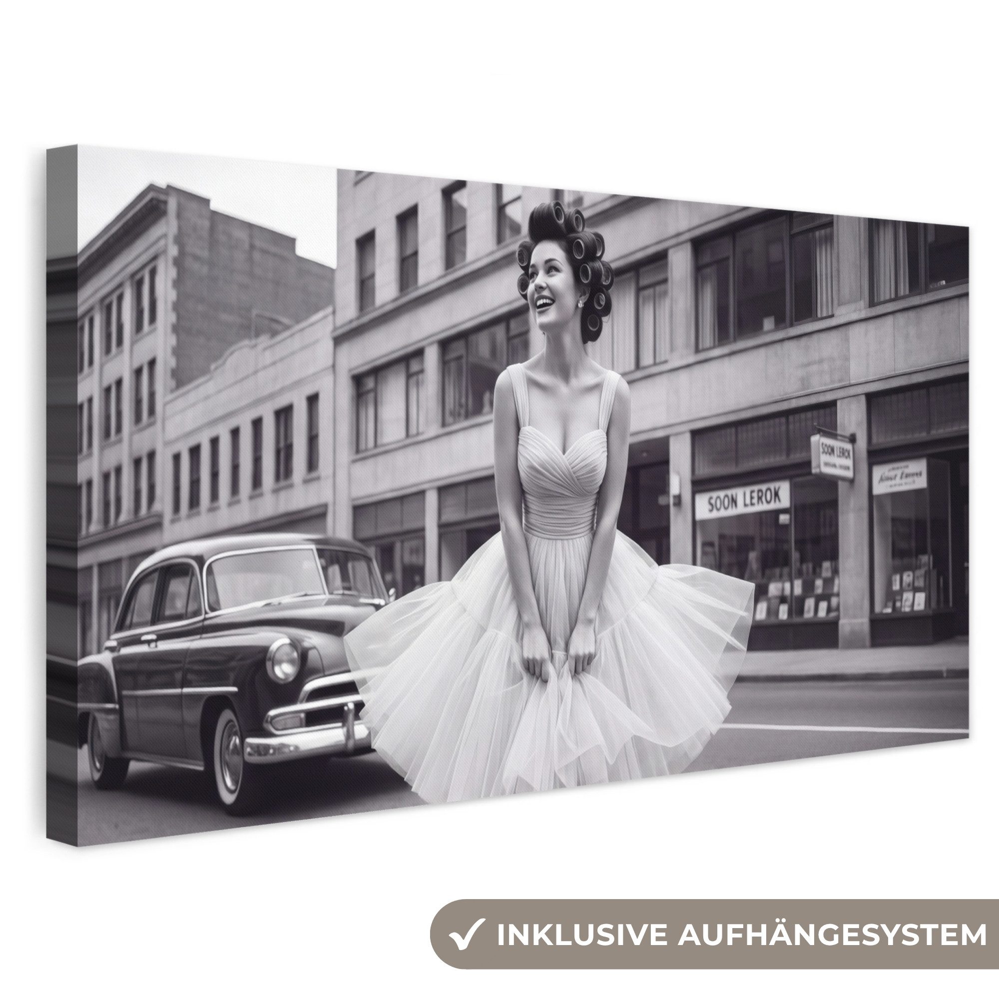 OneMillionCanvasses® Leinwandbild Panorama Retro - Frau - Schwarz - Weiß, Fotodruck (1 St), Wandbild, Deko Schlafzimmer Wohnzimmer Flur 40x20 cm