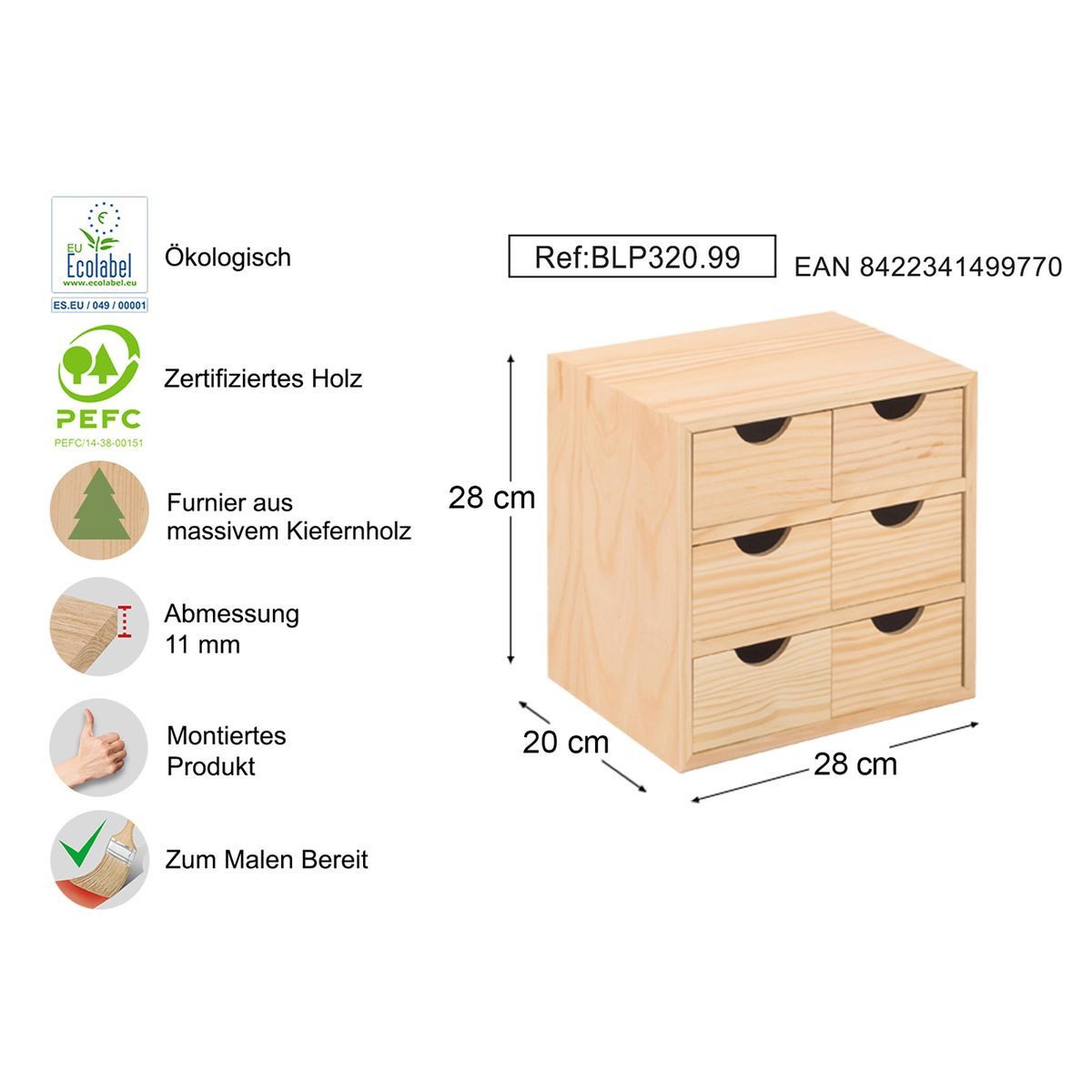 Astigarraga Kit Line Holzkiste Schubladenwürfel Schubladenblock Aufbewahrungswürfel, 6 Schublade, in natürlicher Optik
